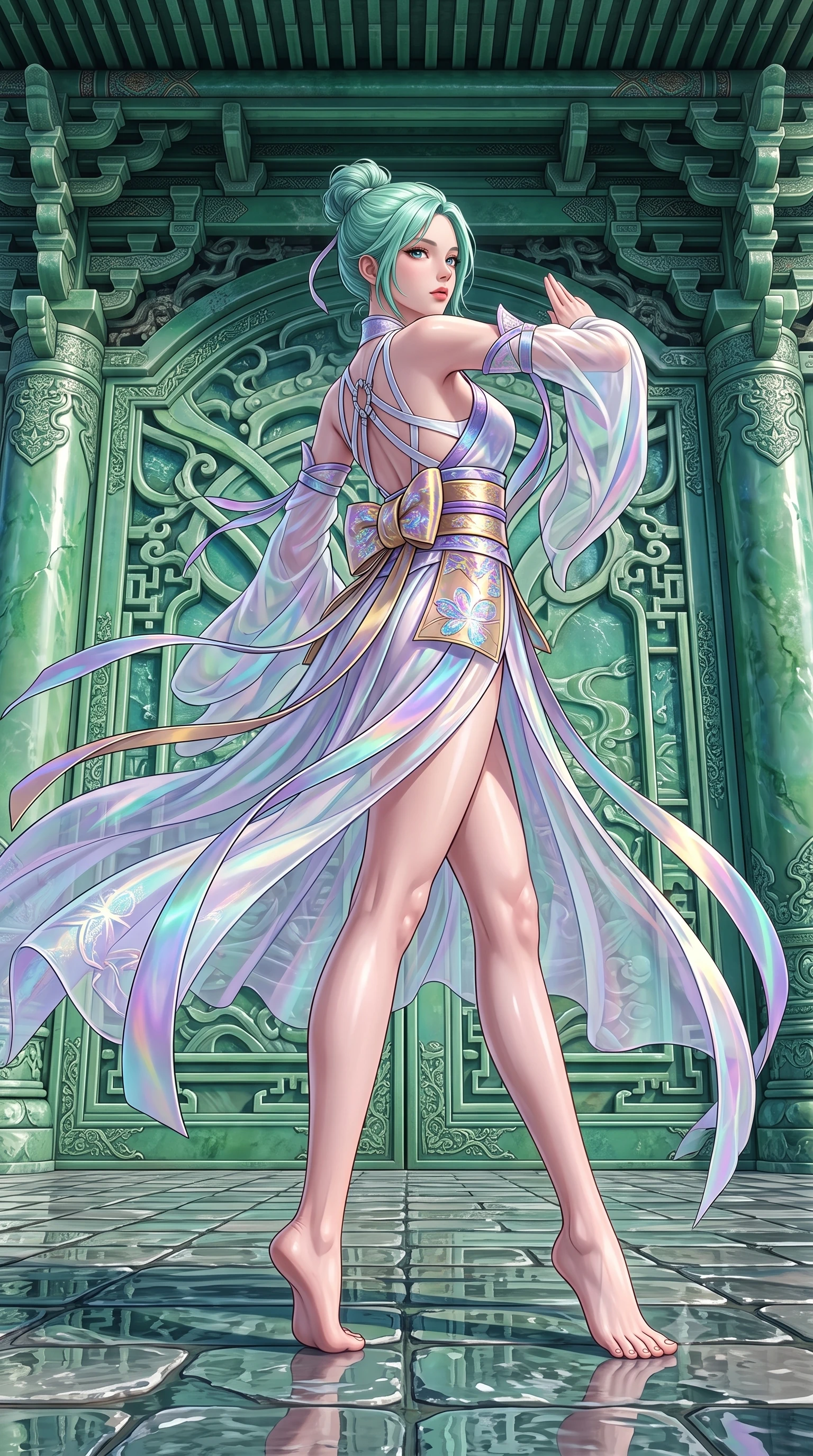 score_9, masterpiece, best quality, ultra-detailed, high-budget anime keyframe, semi-realistic 3D game render, editorial fashion photography, tasteful artistic composition, Japanese woman. low angle full-body shot from head to toe showing her feet, filling the entire 9:16 vertical frame with her statuesque presence, stretching her vertical silhouette. executing an elegant mid-motion spin with effortless grace, her garments fluttering softly around her ultra-slim waistline while arching her spine in a fluid martial arts greeting stance before the colossal biomechanical jade palace gates. The surrounding environment is rendered in vivid detail and crisp panoramic clarity. detailed mineral spring caustics, architectural bracket systems, and silk embroidery in high clarity. She has an absolutely perfect, statuesque 8.5-heads proportion, an exceptionally tall and slender model-like female figure with impossibly long slender legs, a toned flat midriff, and an ultra-slim waist. sharp v-shaped jawline, high-bridge nose, intricate jewel-like eyes with depth, thick eyelashes, glossy lips with a natural sheen, captivating and magnetic expression, flawlessly proportioned anatomical accuracy, strict slender model proportions, natural body alignment, perfectly sculpted long slender limbs, ultra-slim waistline, clean dynamic posture without body distortion. wearing a zero-gravity celestial dancer gown with cascading iridescent ribbons and bare back harness in celestial opal white and stardust violet, crafted from traditional Korean gossamer silk organza with pearlescent luster, complemented by a wide metallic gold obi sash with holographic floral embroidery, the sleek tailored cut tightly hugging her graceful clavicle, narrow waist, and feminine curves with statuesque precision. illuminated by wet reflective highlights defining her sculpted neck, waistline, and slender legs. highly saturated vibrant anime colors, detailed shading with soft gradients, rich glossy textures, high-contrast stereoscopic depth, volumetric dynamic lighting, master piece, 9:16 ratio