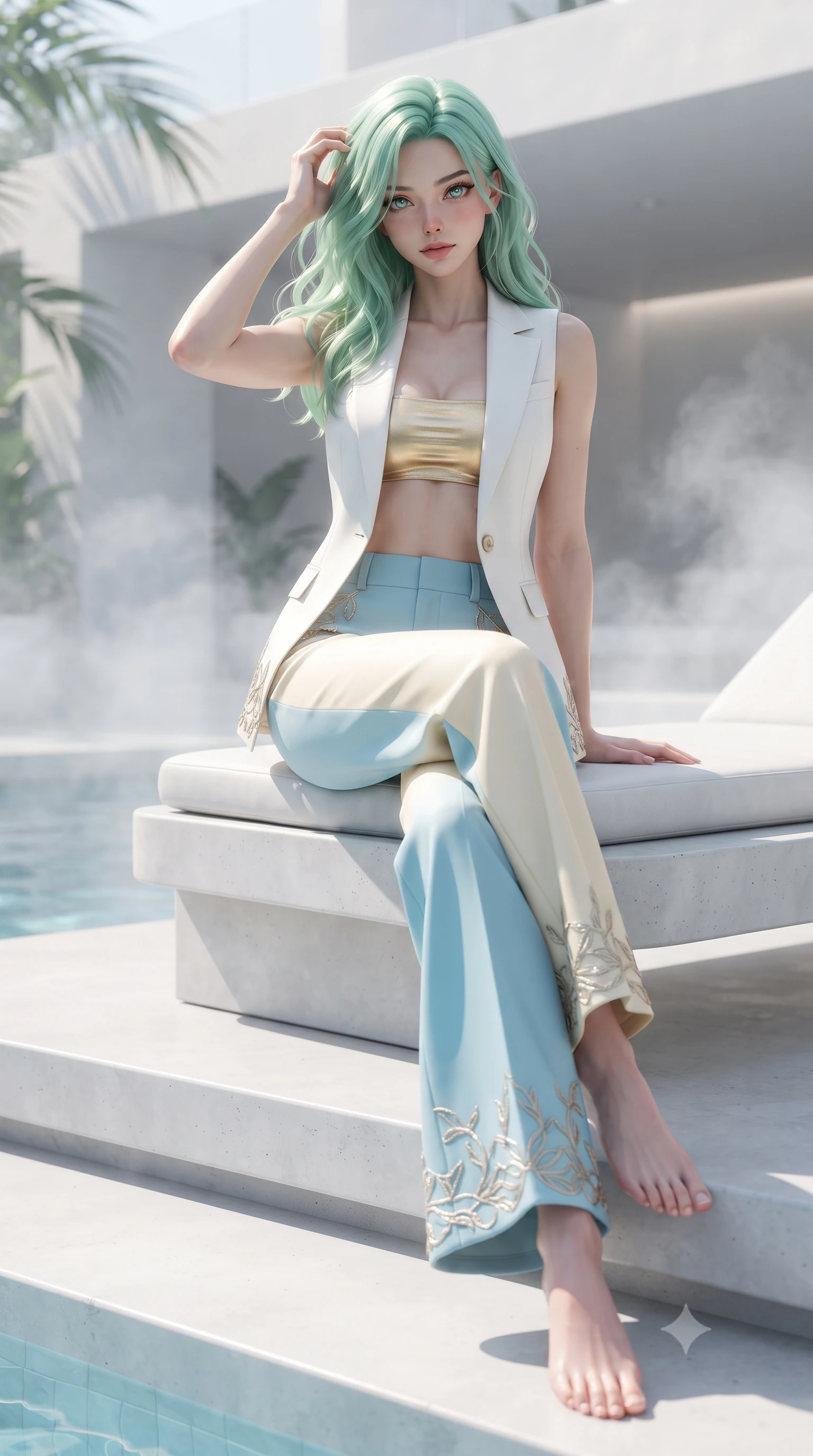 score_9, masterpiece, best quality, ultra-detailed, high-budget anime keyframe, editorial fashion photography, tasteful artistic composition, Japanese woman. low angle full-body shot from head to toe showing her feet, filling the entire 9:16 vertical frame with her statuesque presence, stretching her vertical silhouette. sitting poised on the elevated edge with legs crossed and extended, her tall 8.5-heads proportions dominating the scene with effortless poise while sitting poised on the edge of the sunbed, running fingers through her sun-kissed hair with effortless supermodel charm. The composition keeps background elements in soft focus with creamy bokeh. sleek white architecture and ambient vapor mist softened in bright dreamy shallow focus. She has an absolutely perfect, statuesque 8.5-heads proportion, an exceptionally tall and slender model-like female figure with impossibly long slender legs, a toned flat midriff, and an ultra-slim waist. sharp v-shaped jawline, high-bridge nose, intricate jewel-like eyes with depth, thick eyelashes, glossy parted lips with a natural sheen, intensely captivating and seductive expression, flawlessly proportioned anatomical accuracy, strict slender model proportions, natural body alignment, perfectly sculpted long slender limbs, ultra-slim waistline, clean dynamic posture without body distortion. wearing a tailored white solar-fiber tuxedo vest worn open over a metallic gold bandeau top and wide slacks in sky azure and soft sunlight cream, tailored from lightweight performance eco-mesh with breathable cutouts, finished with organic vine-inspired metallic embroidery along the hem, the precision-cut architectural openings accentuating her delicate midriff, graceful bare collarbones, and feminine curves with statuesque precision. illuminated by organic stencil shadows from tropical leaves tracing her sculpted torso and legs. ultra-reflective glossy finish, specular highlights, rich textural contrasts, high-contrast stereoscopic depth, volumetric dynamic lighting, 2k, ultra detail, master piece, 9:16 ratio