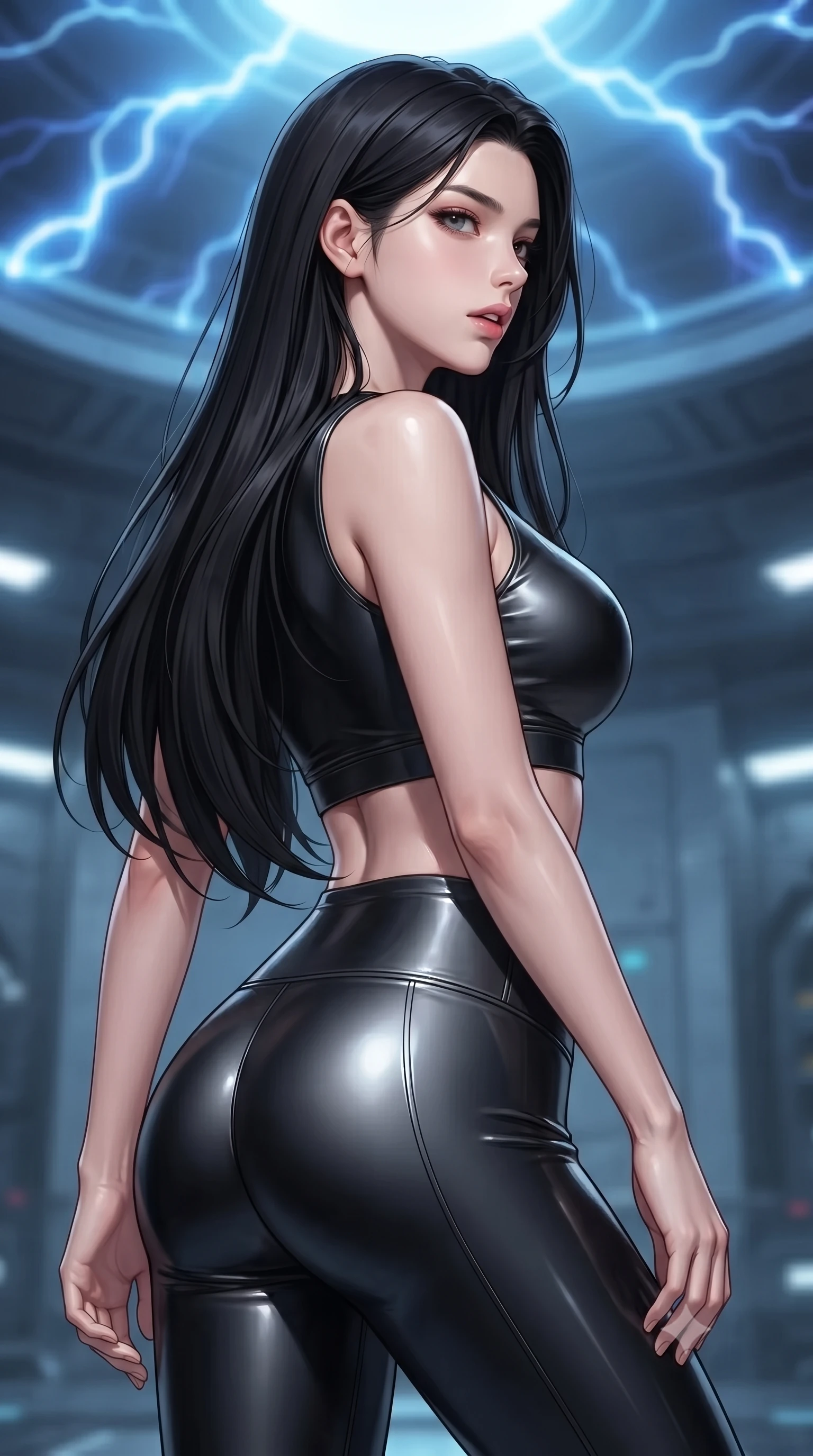 score_9, masterpiece, best quality, ultra-detailed, high-budget anime keyframe, editorial fashion photography, tasteful artistic composition, Korean woman. close-up cowboy shot from the waist and thighs up, the character dominates the composition, filling the frame with her large presence, background elements kept in soft focus. turning her face in profile to look over her shoulder, casting a smoldering side gaze with lips slightly parted, the background shows a soft-focus a cybernetic combat dome with electric blue plasma arcs dancing on the ceiling. She has an exceptionally elegant, slender, and willowy female figure with an ultra-slim waist, a gracefully sculpted slender torso, and a refined silhouette. sharp v-shaped jawline, high-bridge nose, intricate jewel-like eyes with depth, thick eyelashes, glossy lips with a natural sheen. wearing a body-hugging form-fitting athletic crop top and matching high-waisted compression leggings in sleek carbon-black tech fabric. pulsing electric blue plasma arc lighting casting dynamic highlights from above. ultra-reflective glossy finish, specular highlights, metallic sheen, high-contrast stereoscopic depth, volumetric dynamic lighting, 2k, ultra detail, master piece, 9:16 ratio