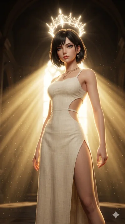 첨부의 캐릭터를 고정하여 얼굴과 몸매만 유지, score_9, masterpiece, best quality, ultra-detailed, Set B: Semi-realistic 3D Game Render, Caucasian woman (strictly human ears). Low angle cowboy shot filling the entire 9:16 frame with her statuesque presence. Summoning a c
