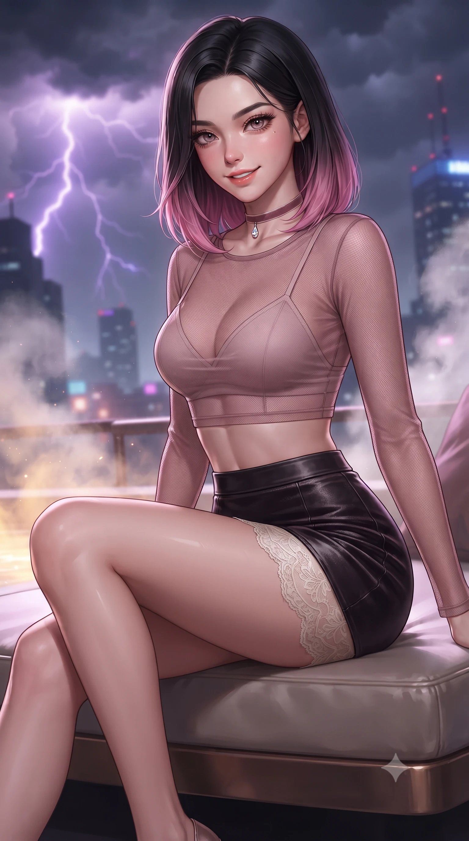 score_9, masterpiece, best quality, ultra-detailed, high-budget anime keyframe, editorial fashion photography, tasteful artistic composition, Korean woman. close-up cowboy shot from the waist and thighs up, the character dominates the composition, filling the frame with her large presence. perched sideways on the lounge seat, one knee drawn up to showcase her slender leg line while her arched back accentuates her feminine hip curve while twisting her slender torso in an alluring S-curve, warm mineral steam swirling around her bare shoulders, flat midriff, and hips as lightning flashes. The background shows a soft-focus swirling storm clouds with purple lightning arcs, distant neon skyscraper antennas, and billowing thermal steam blurred into violet, sapphire, and starlight bokeh. She has an exceptionally elegant, slender, and willowy female figure with an ultra-slim waist, flat toned midriff, narrow ribcage, and sculpted feminine hips creating an alluring, slim hourglass silhouette without bulk. sharp v-shaped jawline, high-bridge nose, sparkling eyes with hypnotic seductive depth, thick curled eyelashes, glossy parted lips with a natural dewy peach sheen, alluring bedroom-eyes with an enchanting coquettish smile, exuding magnetic siren charisma and sophisticated glamour, flawlessly proportioned anatomical accuracy, strict slender model proportions, natural body alignment, perfectly sculpted long slender limbs, ultra-slim waistline, clean dynamic posture without body distortion. wearing a sheer mesh long-sleeve crop top over an opaque strappy micro-bralette and a sleek leatherette mini skirt in dusky blush pink and warm ivory lace, tailored from ultra-plush velvet with rich tactile depth and deep shadow gradients, finished with a thin velvet ribbon choker and a single teardrop diamond pendant, the liquid-tight tailored fabric clinging flawlessly to her narrow waist and rounded feminine hips, emphasizing every millimeter of her sculpted slim hourglass curves without any bulky heaviness. bathed in warm underwater thermal tub illumination paired with sudden lightning flash strobes from the storm. ultra-reflective glossy finish, specular highlights, rich textural contrasts, high-contrast stereoscopic depth, volumetric dynamic lighting, 2k, ultra detail, master piece, 9:16 ratio