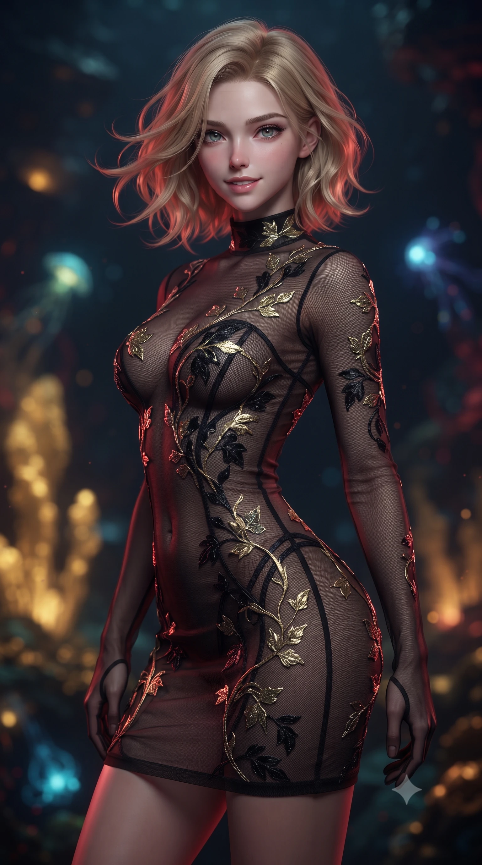 score_9, masterpiece, best quality, ultra-detailed, high-budget anime keyframe, editorial fashion photography, tasteful artistic composition, Caucasian woman. close-up cowboy shot from the waist and thighs up, the character dominates the composition, filling the frame with her large presence. turning slowly with an enchanting smoldering smile, her glossy hair tossing in the breeze as her hips angle gracefully in a captivating contrapposto while twisting her slender torso in an alluring contrapposto stance, red tactical emergency lights and golden vent fires playing across her narrow waist and curvy hips. The background shows a soft-focus golden mineral heat plumes from hydrothermal vents, glowing bioluminescent abyssal creatures, and deep ink-black ocean blurred into gold, ruby, and indigo bokeh. She has an exceptionally elegant, slender, and willowy female figure with an ultra-slim waist, flat toned midriff, narrow ribcage, and sculpted feminine hips creating an alluring, slim hourglass silhouette without bulk. sharp v-shaped jawline, high-bridge nose, intricate jewel-like sparkling eyes with depth, thick eyelashes, glossy parted lips with a natural peach sheen, bright cheerful beaming smile with an enchanting and coquettish sensual glint, exuding both youthful cute charm and seductive allure, flawlessly proportioned anatomical accuracy, strict slender model proportions, natural body alignment, perfectly sculpted long slender limbs, ultra-slim waistline, clean dynamic posture without body distortion. wearing a provocative sheer noir illusion mesh combat dress with embroidered climbing metallic ivy ribbons contouring her curves in solar-wind gold and deep space void black, tailored from high-density tech-wool with subtle metallic thread weave, complemented by sheer opera-length evening gloves tracing her slender arms, the second-skin tailored fabric adhering flawlessly to her sculpted flat midriff and slender torso, emphasizing her long leg lines and perfectly proportioned willowy build. bathed in moody 660nm deep red tactical battle stations lighting mixed with golden geothermal exterior fires. ultra-reflective glossy finish, specular highlights, rich textural contrasts, high-contrast stereoscopic depth, volumetric dynamic lighting, 2k, ultra detail, master piece, 9:16 ratio