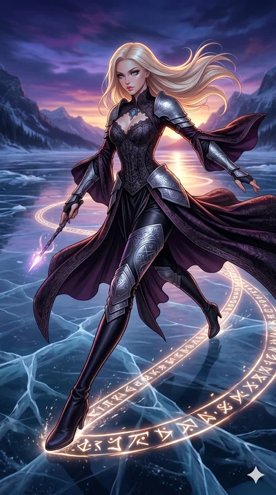score_9, masterpiece, best quality, ultra-detailed, semi-realistic 3D game render, high-fidelity textures, Unreal Engine 5 style, Korean woman. Dynamic full-body shot stretching the vertical silhouette with extreme perspective. gliding across a froze
