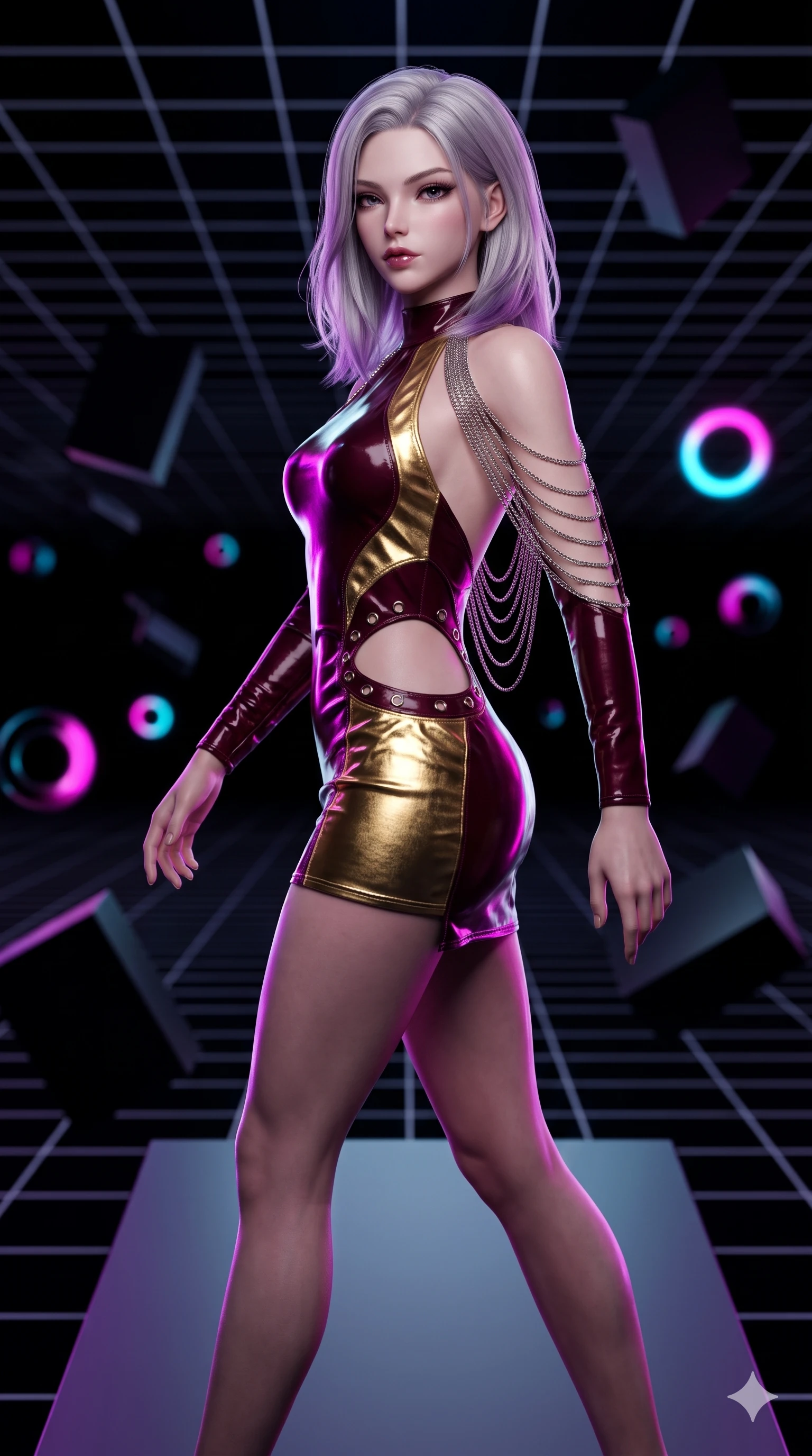 score_9, masterpiece, best quality, ultra-detailed, high-budget anime keyframe, semi-realistic 3D game render, editorial fashion photography, tasteful artistic composition, Caucasian woman. close-up cowboy shot from the waist and thighs up, the character dominates the composition, filling the frame with her large presence. twisting her slender torso in a deep contrapposto stance, hips dramatically shifted to accentuate her feminine curves while striding confidently along the floating monolithic platform, her long slender legs and hourglass hips commanding the infinite cyber void. The background shows a soft-focus tumbling obsidian geometric slabs, endless deep-space perspective grid lines, and glowing neon ring nodes blurred into magenta, cyan, and pitch-black bokeh. She has an exceptionally elegant, slender, and willowy female figure with an ultra-slim waist, flat toned midriff, narrow ribcage, and sculpted feminine hips creating an alluring, slim hourglass silhouette without bulk. sharp v-shaped jawline, high-bridge nose, intricate jewel-like dark sparkling eyes with hypnotic seductive depth, thick curled eyelashes, glossy parted lips with a natural wine sheen, alluring bedroom-eyes with an enigmatic smoldering smile, exuding magnetic sovereign charisma and dark avant-garde glamour, flawlessly proportioned anatomical accuracy, strict slender model proportions, natural body alignment, perfectly sculpted long slender limbs, ultra-slim waistline, clean dynamic posture without body distortion. wearing a liquid-look wet vinyl micro-mini dress clinging like a second skin with hip-high side cutouts in deep wine burgundy and lustrous gold foil, made of supple butter-soft lambskin leather with a subtle satin sheen, accented with an open-back drape framed by falling strands of delicate chrome chains, the glove-like silhouette tightly following the natural contour of her hips and long slender legs with youthful 8.5-heads elegance. illuminated by floating neon grid upward bounce and sharp ultraviolet rim lights defining her razor-sharp jawline, narrow waist, and curvy hips. highly saturated vibrant anime colors, detailed shading with soft gradients, rich glossy textures, high-contrast stereoscopic depth, volumetric dynamic lighting, master piece, 9:16 ratio