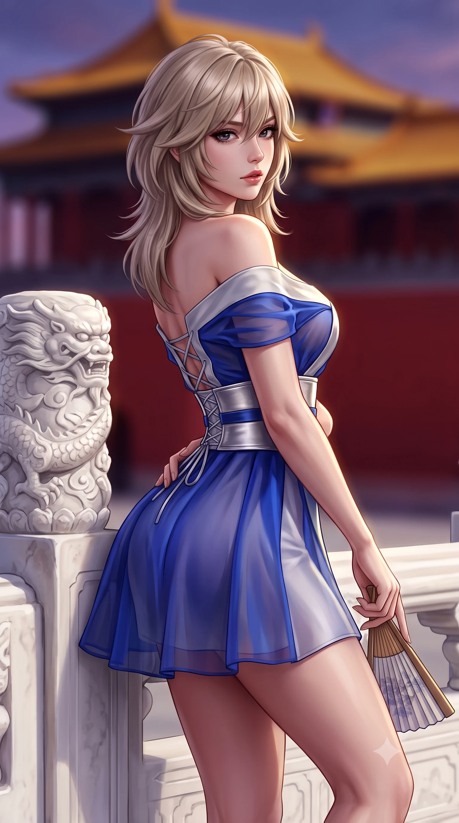 score_9, masterpiece, best quality, ultra-detailed, high-budget anime keyframe, semi-realistic 3D game render, editorial fashion photography, tasteful artistic composition, Japanese woman. close-up cowboy shot from the waist and thighs up, the character dominates the composition, filling the frame with her large presence. twisting her slender torso in an alluring contrapposto stance, one hand resting on her sculpted hip while holding a traditional silk folding fan with effortless poise while leaning against a carved white marble dragon balustrade with hips cocked back, looking over a bare shoulder with an intoxicating, imperial gaze. The background shows a soft-focus the colossal Meridian Gate red walls and sweeping imperial yellow glazed roofs blurred into deep vermilion, ochre gold, and twilight violet bokeh. She has an exceptionally elegant, slender, and willowy female figure with an ultra-slim waist, flat toned midriff, narrow ribcage, and sculpted feminine hips creating an alluring, slim hourglass silhouette without bulk. sharp v-shaped jawline, high-bridge nose, intricate jewel-like dark sparkling almond eyes with depth, thick lashes, glossy parted lips with a natural rose-plum sheen, bright alluring and coquettish smile with bedroom-eyes, exuding both timeless oriental elegance and sovereign high-fashion allure, flawlessly proportioned anatomical accuracy, strict slender model proportions, natural body alignment, perfectly sculpted long slender limbs, ultra-slim waistline, clean dynamic posture without body distortion. wearing an asymmetric off-shoulder cyber-kimono mini dress with a wide metallic obi corset belt accentuating her narrow waist in royal cobalt blue and starlight platinum, tailored from sheer gossamer silk organza with an airy weightless flutter, finished with criss-cross back satin laces tracing her slender spine, the high-waisted wrap tailoring accentuating her ultra-slim waistline and the enchanting curve of her feminine hips with alluring oriental charm. illuminated by white marble ground bounce and sharp imperial-gold rim lighting defining her razor-sharp jawline, narrow waist, and curvy hips. highly saturated vibrant anime colors, detailed shading with soft gradients, rich glossy textures, high-contrast stereoscopic depth, volumetric dynamic lighting, master piece, 9:16 ratio