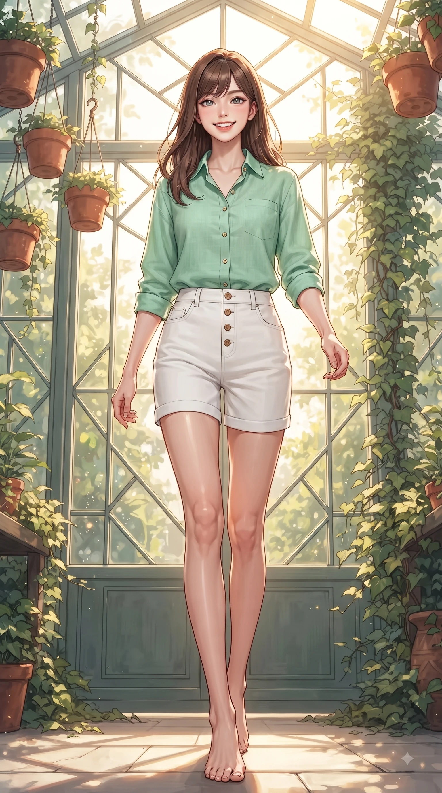 score_9, masterpiece, best quality, ultra-detailed, high-budget anime keyframe, editorial fashion photography, tasteful artistic composition, Korean woman. low angle full-body shot from head to toe showing her feet, filling the entire 9:16 vertical frame with her statuesque presence, stretching her vertical silhouette. walking forward in a proud dynamic stride with a cheerful beaming smile, her vertical silhouette filling the frame while leaning against a glass greenhouse wall surrounded by hanging terracotta flower pots and ivy. The composition keeps background elements in soft focus with dreamy bokeh. cascading botanical vines and delicate greenhouse refractions softened in creamy depth of field. She has an absolutely perfect, statuesque 8.5-heads proportion, an exceptionally tall and slender model-like female figure with impossibly long slender legs and an ultra-slim waist. sharp v-shaped jawline, high-bridge nose, intricate jewel-like eyes with depth, thick eyelashes, glossy lips with a natural sheen, flawlessly proportioned anatomical accuracy, natural body alignment, perfectly sculpted elegant limbs, clean dynamic posture without body distortion. wearing a fresh mint green linen button-down shirt paired with tailored white Bermuda shorts in refreshing mint green and crisp white, made of comfortable premium stretch denim and soft jersey, finished with neat front wooden buttons and pocket details, the chic real-way fashion cut emphasizing her effortless charm. bathed in bright golden sunlight filtering through conservatory glass panes. ultra-reflective glossy finish, specular highlights, metallic sheen, high-contrast stereoscopic depth, volumetric dynamic lighting, 2k, ultra detail, master piece, 9:16 ratio