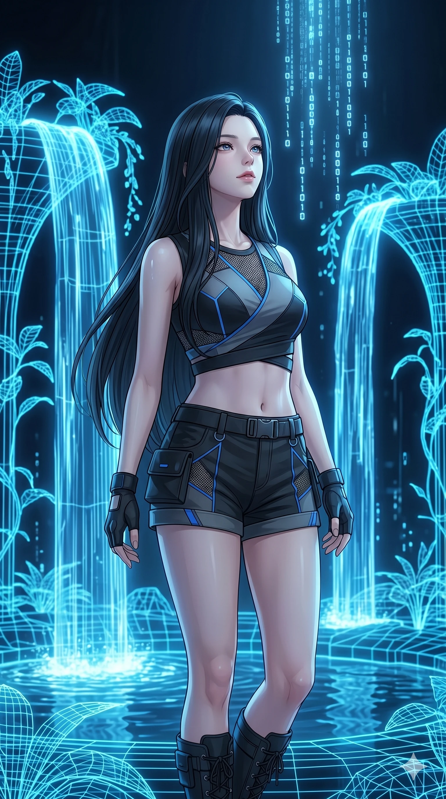 score_9, masterpiece, best quality, ultra-detailed, high-budget anime keyframe, Korean woman. Upper body close-up from the thighs up, character filling the screen for maximum presence. Inside a virtual reality garden with wireframe waterfalls, looking at the falling data streams with a serene, dreamy look. She is wearing a cropped wrap top with sheer panels, utility shorts, and boots. The scene is illuminated by the vibrant blue glow of the wireframe water. 2k, ultra detail, master piece, 9:16 ratio