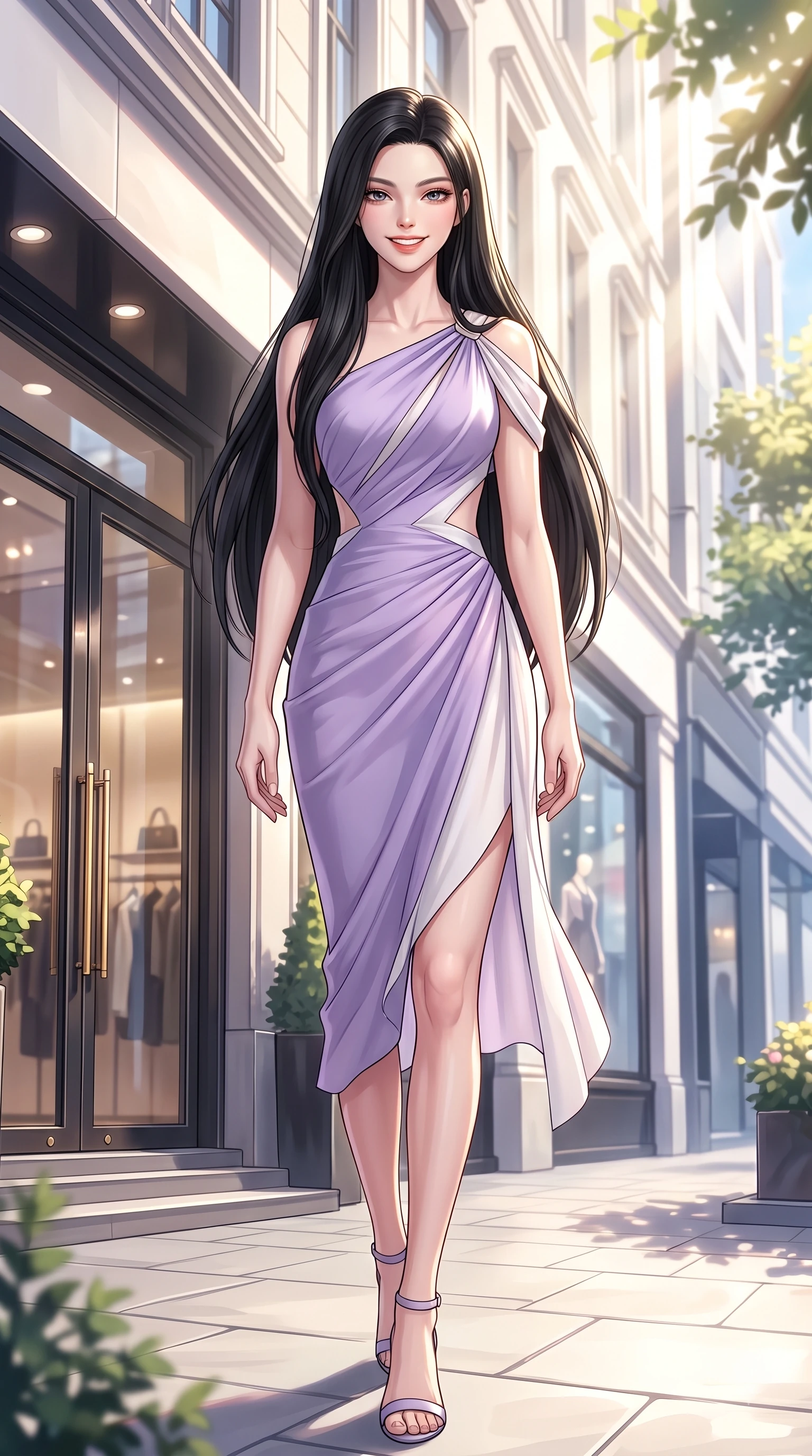 score_9, masterpiece, best quality, ultra-detailed, high-budget anime keyframe, editorial fashion photography, tasteful artistic composition, Korean woman. low angle full-body shot from head to toe showing her feet, filling the entire 9:16 vertical frame with her statuesque presence, stretching her vertical silhouette. walking forward in a proud dynamic stride with a cheerful beaming smile, her vertical silhouette filling the frame while pivoting gracefully outside a luxury fashion popup store with a captivating bright smile. The surrounding environment is rendered in vivid detail and crisp panoramic clarity. bright afternoon sunbeams filtering between chic urban buildings with vivid environmental sharpness. She has an absolutely perfect, statuesque 8.5-heads proportion, an exceptionally tall and slender model-like female figure with impossibly long slender legs and an ultra-slim waist. sharp v-shaped jawline, high-bridge nose, intricate jewel-like eyes with depth, thick eyelashes, glossy lips with a natural sheen, flawlessly proportioned anatomical accuracy, natural body alignment, perfectly sculpted elegant limbs, clean dynamic posture without body distortion. wearing an asymmetrical draped chiffon midi dress with a sleek shoulder accent in soft lavender violet and pearl white, tailored from fine wool crepe with clean lines, complemented by clean architectural cutouts along her slender torso, the glove-like fit emphasizing her statuesque silhouette during motion. illuminated by crisp clear afternoon key light and vibrant specular highlights. highly saturated vibrant anime colors, detailed shading with soft gradients, rich glossy textures, high-contrast stereoscopic depth, volumetric dynamic lighting, master piece, 9:16 ratio