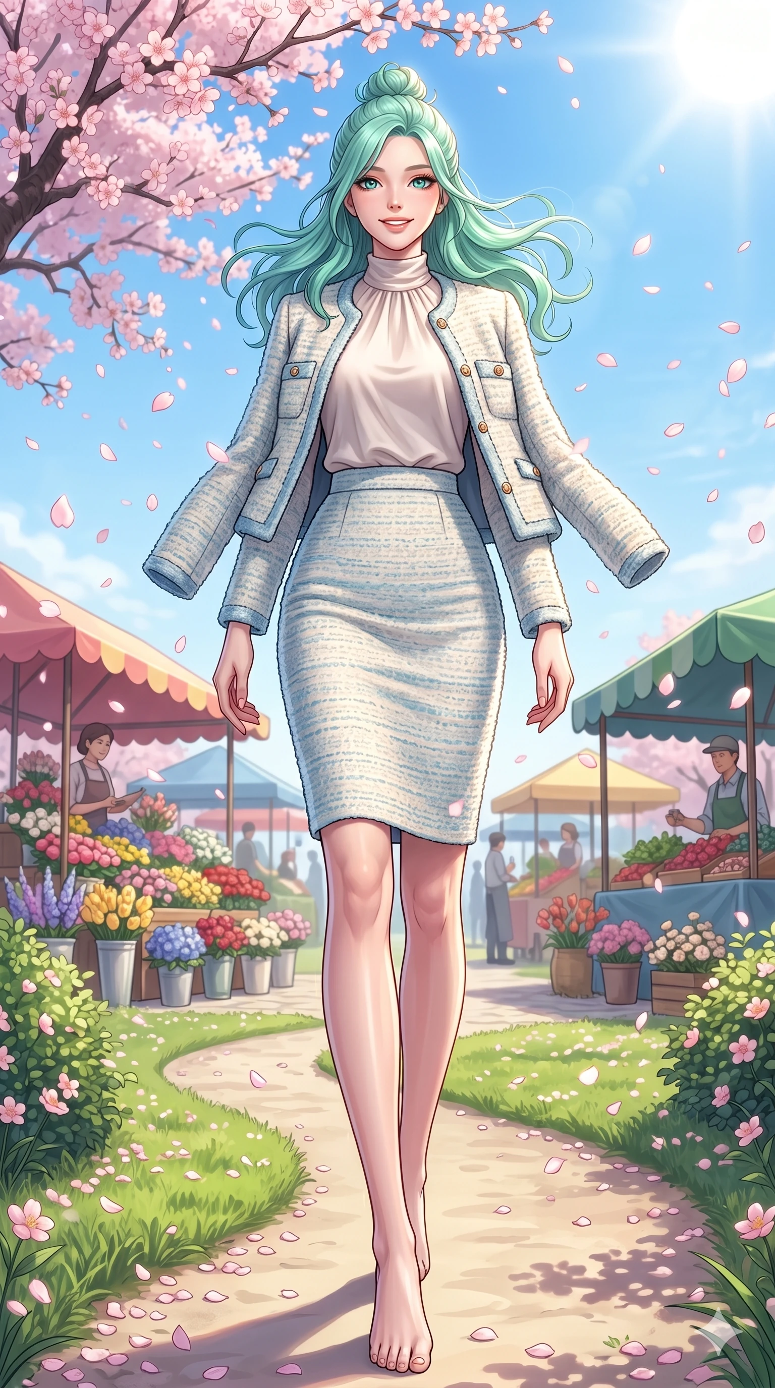 score_9, masterpiece, best quality, ultra-detailed, high-budget anime keyframe, vibrant anime aesthetic, Japanese woman. low angle full-body shot from head to toe showing her feet, filling the entire 9:16 vertical frame with her statuesque presence, stretching her vertical silhouette. She is standing in a garden path, smiling delightfully as cherry blossoms fall around her by a vibrant outdoor market square with colorful flower stalls and bright sun (Code-P20-027). She has an absolutely perfect 8-heads proportion, an exceptionally tall and slender female figure with impossibly long slender legs and an ultra-slim waist. V-shaped jawline, high-bridge nose, intricate jewel-like eyes with depth, thick eyelashes, glossy lips with a natural sheen. wearing a chic bouclé jacket over a high-neck top and pencil skirt. She is soft glowing ambient light from a clear blue sky, highlighting her V-shaped jawline. 2k, ultra detail, master piece, 9:16 ratio