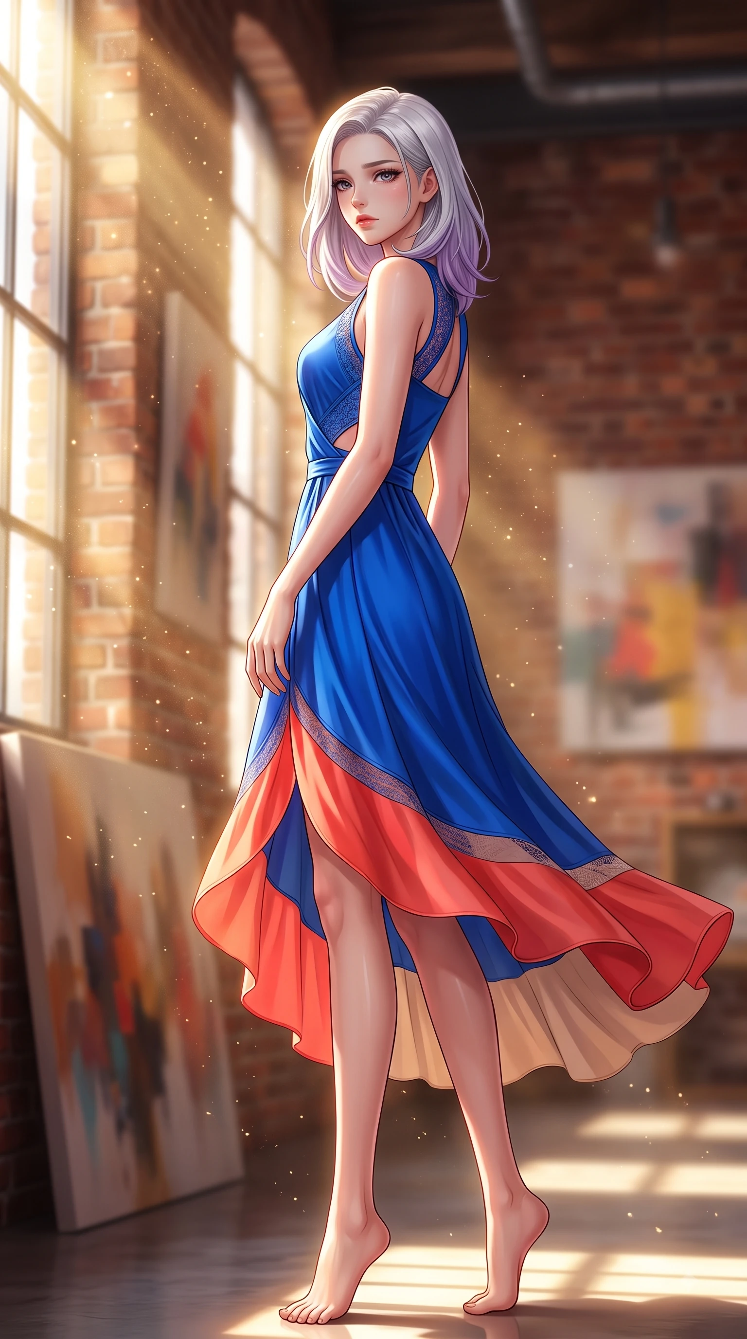 score_9, masterpiece, best quality, ultra-detailed, high-budget anime keyframe, editorial fashion photography, tasteful artistic composition, Caucasian woman. low angle full-body shot from head to toe showing her feet, filling the entire 9:16 vertical frame with her statuesque presence, stretching her vertical silhouette. Heart-tugging melancholic glance with a subtle drop of emotion in her eyes and a quiet wistful posture while pivoting near a high factory window as volumetric dust motes sparkle in golden sunbeams. The composition keeps background elements in soft focus with dreamy bokeh. abstract artwork canvases and warm brick gallery walls blurred into cozy industrial bokeh. She has an absolutely perfect, statuesque 8.5-heads proportion, an exceptionally tall and slender model-like female figure with impossibly long slender legs and an ultra-slim waist. sharp v-shaped jawline, high-bridge nose, intricate jewel-like eyes with depth, thick eyelashes, glossy lips with a natural sheen, flawlessly proportioned anatomical accuracy, natural body alignment, perfectly sculpted elegant limbs, clean dynamic posture without body distortion. wearing an electric cobalt blue silk wrap dress with a graceful flowing hem in vibrant coral red and soft beige, made of fine lace weave and soft satin jersey, complemented by clean architectural seams and subtle cutouts, the fluid drape swaying gracefully with her dynamic editorial movement. surrounded by a chic, intellectual, and artistic urban editorial atmosphere. highly saturated vibrant anime colors, detailed shading with soft gradients, rich glossy textures, high-contrast stereoscopic depth, volumetric dynamic lighting, master piece, 9:16 ratio