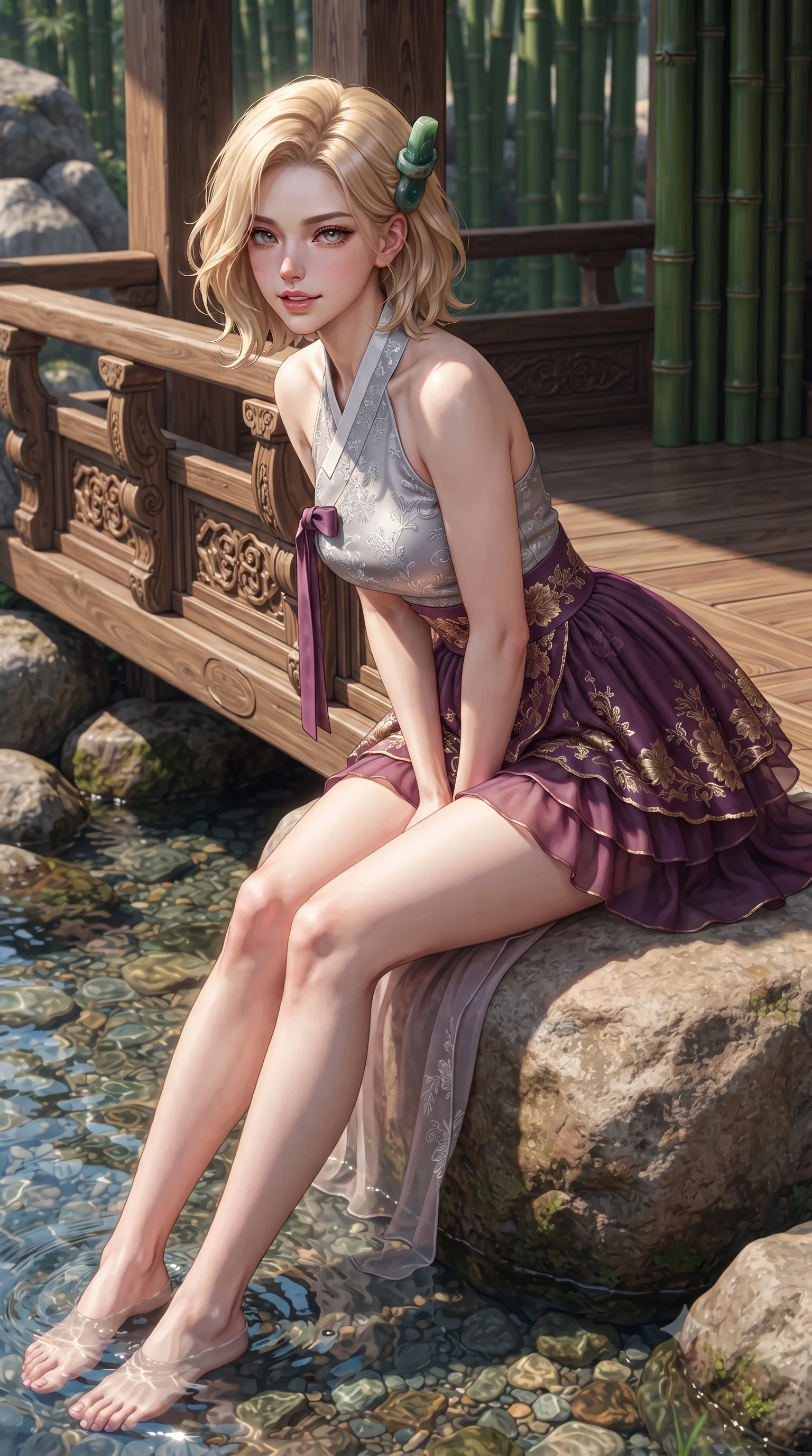 score_9, masterpiece, best quality, ultra-detailed, high-budget anime keyframe, editorial fashion photography, tasteful artistic composition, Caucasian woman. close-up cowboy shot from the waist and thighs up, the character dominates the composition, filling the frame with her large presence. leaning forward over the carved veranda balustrade while arching her lower back to accentuate her curvy hips, looking into the camera with an enchanting coquettish smile and bedroom-eyes while sitting poised on a sun-warmed river boulder with legs dipping in the cool water, her modern fusion hanbok trailing lightly over the stream. The surrounding environment is rendered in vivid detail and crisp panoramic clarity: sharp granite stone texture, crystal-clear stream pebble clarity, and smooth bamboo stalk surfaces in deep focus. She has an exceptionally elegant, slender, and willowy female figure with an ultra-slim waist, flat toned midriff, narrow ribcage, and sculpted feminine hips creating an alluring, slim hourglass silhouette without bulk. sharp v-shaped jawline, high-bridge nose, intricate jewel-like dark sparkling almond eyes with depth, thick lashes, glossy parted lips with a natural rose-plum sheen, bright alluring and coquettish smile with bedroom-eyes, exuding both timeless oriental elegance and sovereign high-fashion allure, flawlessly proportioned anatomical accuracy, strict slender model proportions, natural body alignment, perfectly sculpted long slender limbs, ultra-slim waistline, clean dynamic posture without body distortion. wearing a modern halter-neck fusion hanbok bodice with delicate silver embroidery and a fluttering layered chiffon wrap mini skirt in rich plum violet and gilded bronze embroidery, woven from delicate semi-opaque floral lace with oriental peony patterns, featuring a modern sculptural jade hair pin securing her loose silky updo, the form-fitting tailored bodice adhering flawlessly to her sculpted flat midriff and slender torso, emphasizing her long leg lines and perfectly proportioned willowy build. illuminated by sparkling stream water caustics and sharp platinum rim lights defining her sculpted collarbones, ultra-slim waist, and curvy hips. ultra-reflective glossy finish, specular highlights, rich textural contrasts, high-contrast stereoscopic depth, volumetric dynamic lighting, 2k, ultra detail, master piece, 9:16 ratio