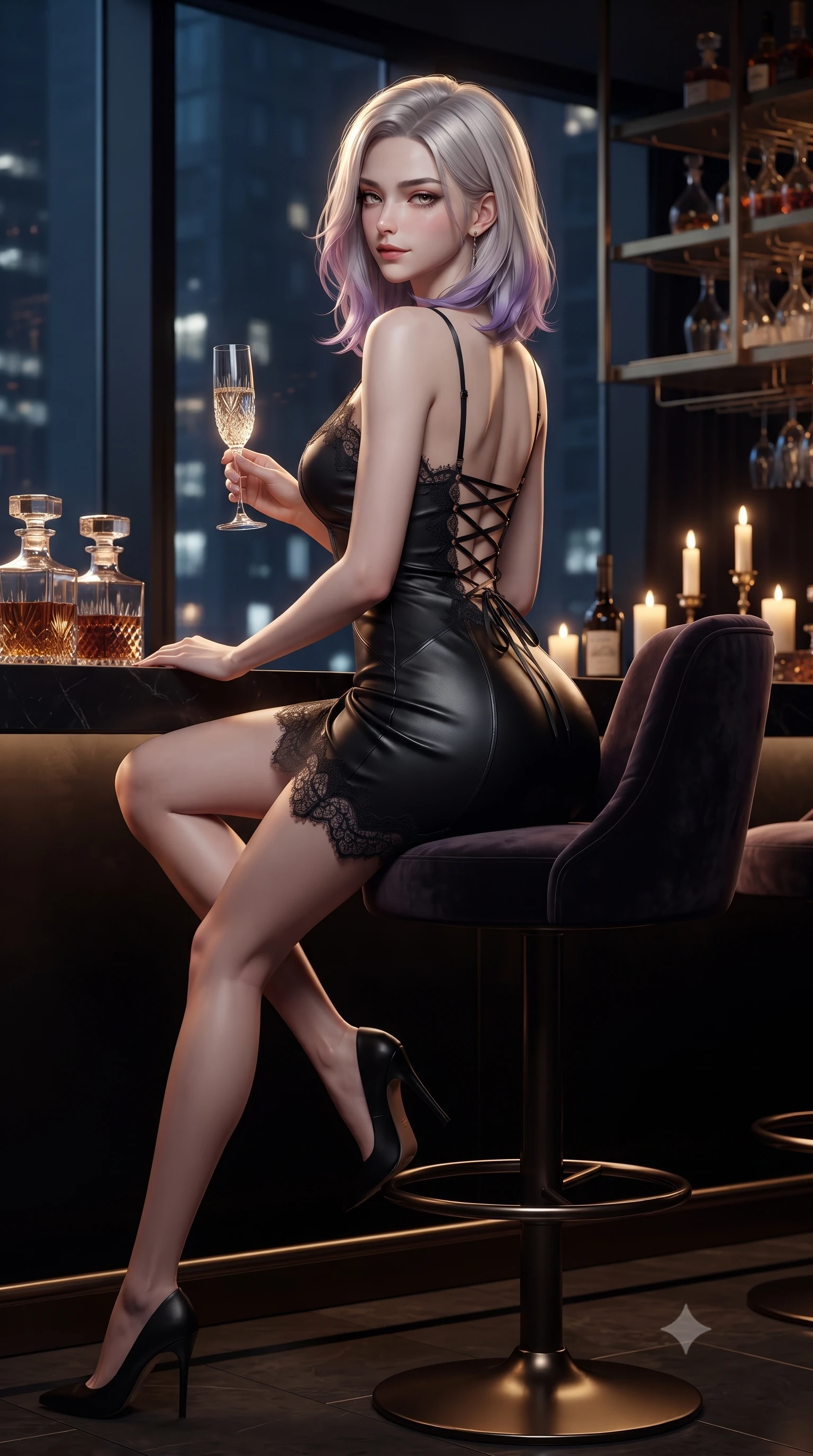score_9, masterpiece, best quality, ultra-detailed, high-budget anime keyframe, editorial fashion photography, tasteful artistic composition, Caucasian woman. low angle full-body shot from head to toe showing her feet, filling the entire 9:16 vertical frame with her statuesque presence, stretching her vertical silhouette. posing with back turned slightly to the lens, glancing back with an intoxicating, dangerous smile as she arches her lower back to emphasize her sculpted feminine hips and slender waist while sitting perched on a plush velvet swivel barstool before towering floor-to-ceiling glass windows, arching her lower back with a dangerous smoldering half-smile and crystal champagne flute in hand. The composition keeps background elements in soft focus with dreamy creamy bokeh. amber crystal bar decanters and suspended brass wine racks softened in luxurious midnight shallow focus. She has an exceptionally tall and slender model-like 8.5-heads proportion, an ultra-slim waist, a flat toned midriff, narrow delicate ribcage, and beautifully sculpted feminine hips creating a graceful, slim hourglass silhouette without any bulky heaviness, with impossibly long slender legs. sharp v-shaped jawline, high-bridge nose, intricate jewel-like dark sparkling eyes with dangerous depth, thick curled eyelashes, glossy parted lips with a rich wine sheen, smoldering seductive half-smile with bedroom-eyes, exuding effortless superiority and intoxicating dark allure, flawlessly proportioned anatomical accuracy, strict slender model proportions, natural body alignment, perfectly sculpted long slender limbs, ultra-slim waistline, clean dynamic posture without body distortion. wearing a strappy black silk slip dress with delicate lace scallop edging along the neckline and hem in dark emerald green and brushed antique bronze, made of supple butter-soft lambskin leather with a subtle satin sheen, featuring a dramatic criss-cross satin back lacing tracing her slender spine, the precision-cut side openings and low-back scoop framing her graceful spine and the sensual sweep of her slim, toned hips. bathed in warm golden candle accents and dim ambient bar backlights contrasting sharply with cool midnight glass reflections. ultra-reflective glossy finish, specular highlights, rich textural contrasts, high-contrast stereoscopic depth, volumetric dynamic lighting, 2k, ultra detail, master piece, 9:16 ratio