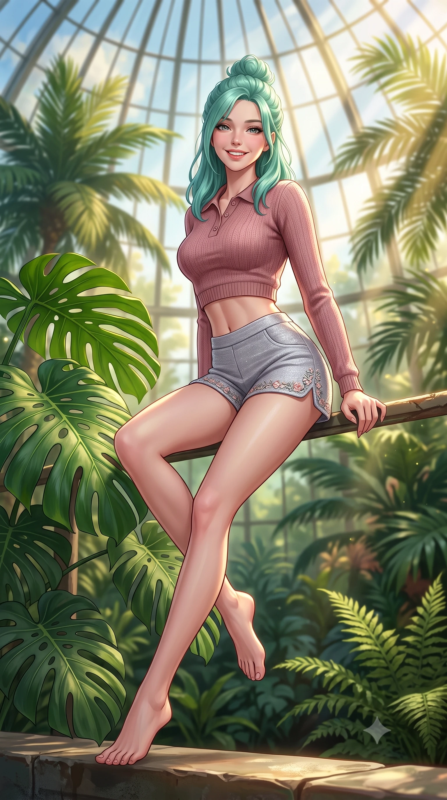 score_9, masterpiece, best quality, ultra-detailed, high-budget anime keyframe, semi-realistic 3D game render, editorial fashion photography, tasteful artistic composition, Japanese woman. low angle full-body shot from head to toe showing her feet, filling the entire 9:16 vertical frame with her statuesque presence, stretching her vertical silhouette. sitting perched on the elevated edge with legs crossed and hips angled toward the camera, displaying her toned midriff and long slender limbs with a joyful, coquettish smile while standing poised between giant emerald monstera fronds, twisting her slender torso in an alluring S-curve in the filtered sunbeams. The composition keeps background elements in soft focus with dreamy creamy bokeh. lush tropical palm fronds and soaring glass dome panes blurred into a dreamy emerald, jade, and golden sunbeam bokeh. She has an exceptionally tall and slender model-like 8.5-heads proportion, an ultra-slim waist, a flat toned midriff, narrow delicate ribcage, and beautifully sculpted feminine hips creating a graceful, slim hourglass silhouette without any bulky heaviness, with impossibly long slender legs. sharp v-shaped jawline, high-bridge nose, intricate jewel-like sparkling eyes with depth, thick eyelashes, glossy parted lips with a natural peach sheen, bright cheerful beaming smile with an enchanting and coquettish sensual glint, exuding both youthful cute charm and seductive allure, flawlessly proportioned anatomical accuracy, strict slender model proportions, natural body alignment, perfectly sculpted long slender limbs, ultra-slim waistline, clean dynamic posture without body distortion. wearing a cropped knitted polo sweater paired with high-cut tailored tennis shorts hugging her rounded hips in dusty rose and soft dove grey, tailored from soft pastel tweed with subtle metallic shimmer, complemented by delicate embroidered floral trim along the hem, the form-fitting cut adhering flawlessly to her sculpted flat midriff and slender torso, emphasizing her long leg lines and perfectly proportioned willowy build. bathed in fresh botanical sunbeams filtering through the soaring glass dome. highly saturated vibrant anime colors, detailed shading with soft gradients, rich glossy textures, high-contrast stereoscopic depth, volumetric dynamic lighting, master piece, 9:16 ratio