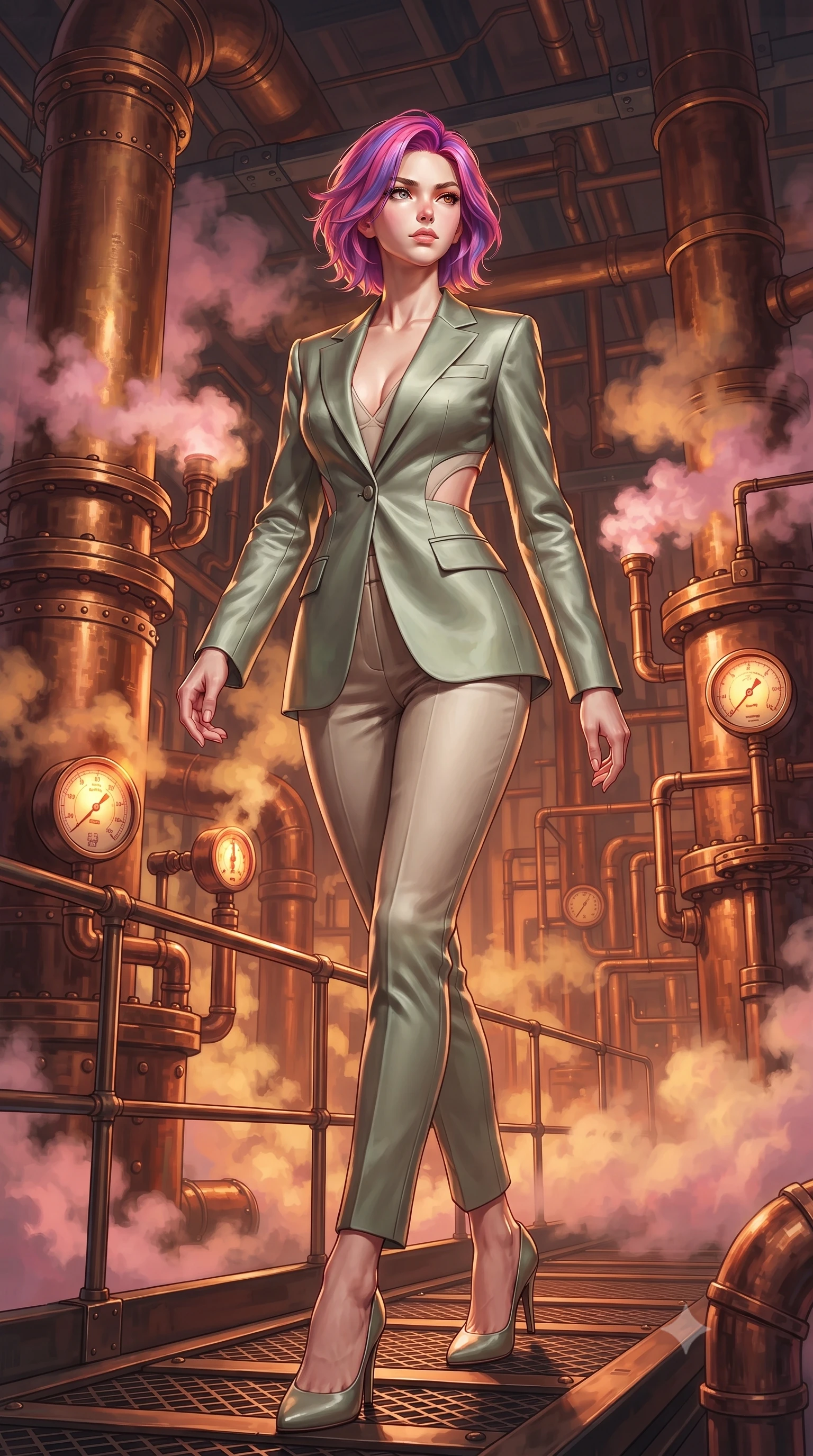 score_9, masterpiece, best quality, ultra-detailed, high-budget anime keyframe, editorial fashion photography, tasteful artistic composition, Caucasian woman. low angle full-body shot from head to toe showing her feet, filling the entire 9:16 vertical frame with her statuesque presence, stretching her vertical silhouette. navigating the luminous space with effortless poise, displaying her perfect model proportions poised beside giant bronze steam pipes emitting pink and amber vapor clouds, intricate copper pipes, rivets, and pressure gauges gleaming in furnace heat. She has an absolutely perfect, statuesque 8.5-heads proportion, an exceptionally tall and slender model-like female figure with impossibly long slender legs and an ultra-slim waist. sharp v-shaped jawline, high-bridge nose, intricate jewel-like eyes with depth, thick eyelashes, glossy lips with a natural sheen. wearing a tailored silk blazer over a form-contouring top and fitted slacks in sage green and oatmeal, crafted from smooth liquid silk, featuring clean architectural cutouts along her slender torso, the elegant draped fit framing her graceful clavicle and slender torso. surrounded by a warm, powerful industrial fantasy atmosphere. highly saturated vibrant anime colors, detailed shading with soft gradients, rich glossy textures, high-contrast stereoscopic depth, volumetric dynamic lighting, master piece, 9:16 ratio