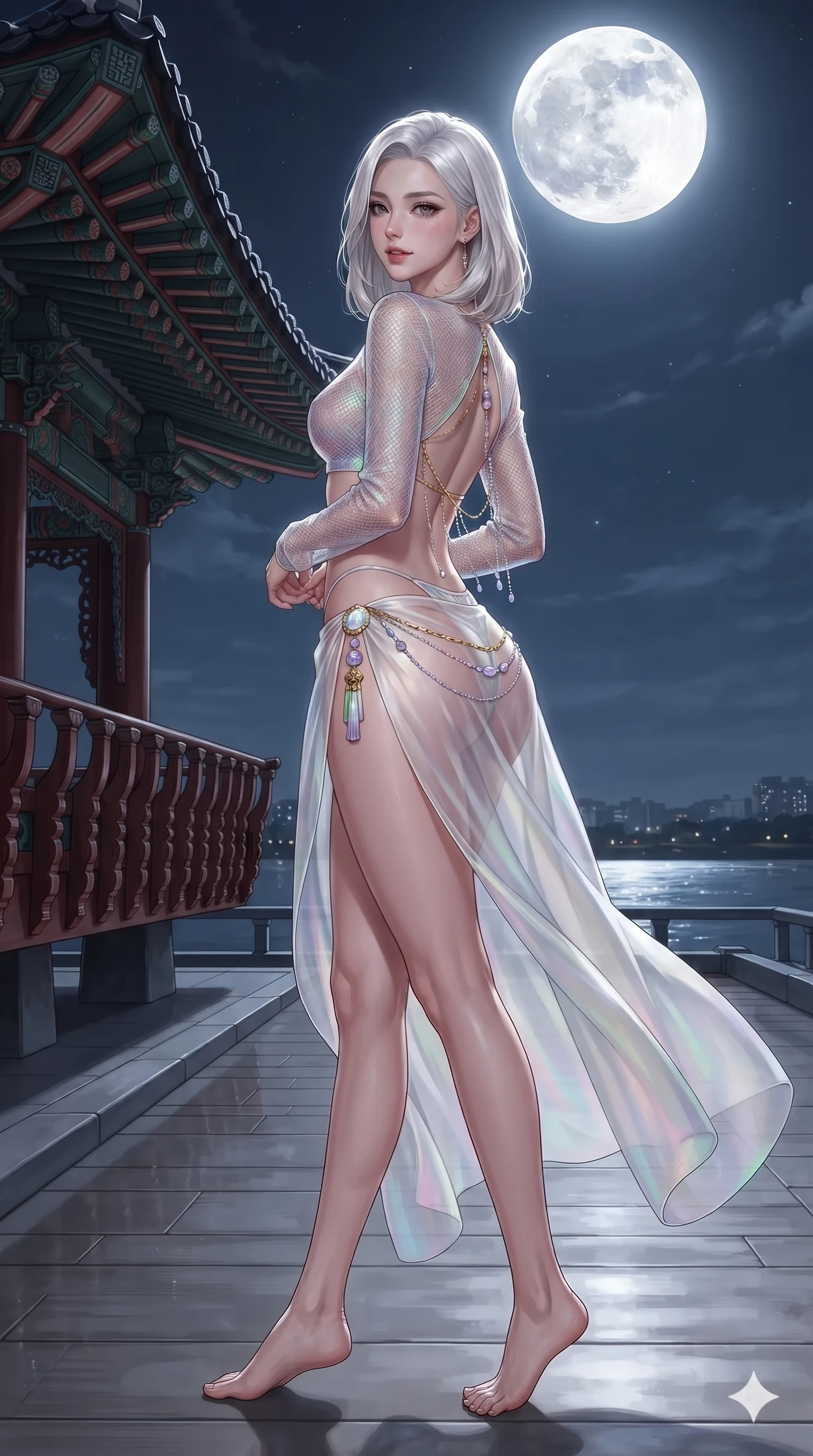 score_9, masterpiece, best quality, ultra-detailed, high-budget anime keyframe, editorial fashion photography, tasteful artistic composition, Korean woman. low angle full-body shot from head to toe showing her feet, filling the entire 9:16 vertical frame with her statuesque presence, stretching her vertical silhouette. walking along the waterfront terrace with poise, looking back over her bare shoulder with an irresistible smoldering bedroom-gaze while twisting her slender torso in an alluring S-curve beside the lacquered wooden balustrade, silver moonbeams tracing her narrow waist and rounded hips. The surrounding environment is rendered in vivid detail and crisp panoramic clarity: detailed backless silk halter leotard tailoring, sheer wrap overskirt drape, and traditional Korean pavilion joinery in razor-sharp precision. She has an absolutely perfect, statuesque 8.5-heads proportion, an exceptionally tall and slender model-like female figure with impossibly long slender legs, an ultra-slim waist, a flat toned midriff, narrow delicate ribcage, and beautifully sculpted feminine hips creating a graceful, slim hourglass silhouette without any bulky heaviness. sharp v-shaped jawline, high-bridge nose, sparkling eyes with hypnotic seductive depth, thick curled eyelashes, glossy parted lips with a natural dewy peach sheen, alluring bedroom-eyes with an enchanting coquettish smile, exuding magnetic siren charisma and sophisticated glamour, flawlessly proportioned anatomical accuracy, strict slender model proportions, natural body alignment, perfectly sculpted long slender limbs, ultra-slim waistline, clean dynamic posture without body distortion. wearing a translucent iridescent mesh crop top paired with high-cut string bikini bottoms and gold norigae waist chains in iridescent mother-of-pearl and misty lavender, tailored from heavy double-faced silk faille with an exceptionally fluid drape, accented with an open-back drape framed by falling strands of delicate chrome chains, the high-slit wrap tailoring accentuating her ultra-slim waistline and the enchanting curve of her feminine hips with alluring seductive charm. bathed in pure silver moonlight cascading directly from the harvest full moon above. ultra-reflective glossy finish, specular highlights, rich textural contrasts, high-contrast stereoscopic depth, volumetric dynamic lighting, 2k, ultra detail, master piece, 9:16 ratio