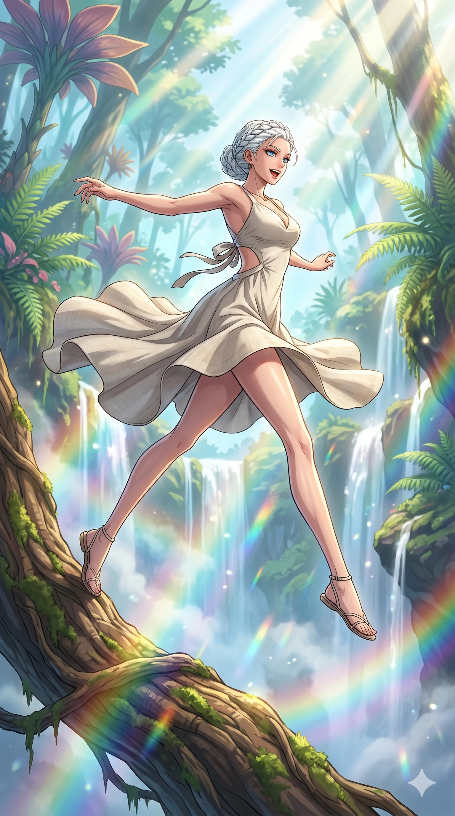 score_9, masterpiece, best quality, ultra-detailed, Set C: High-budget Anime Keyframe, Korean woman. Low angle cowboy shot filling the entire 9:16 frame with her statuesque presence. Leaping off a giant tree branch into a canyon of mist and rainbows in a vibrant forest. She has an absolutely perfect 8-heads proportion, an exceptionally tall and slender female figure with impossibly long slender legs and an ultra-slim waist. Sharp v-shaped jawline, high-bridge nose, intricate jewel-like eyes with depth, thick eyelashes, glossy lips. Wearing a Seasonal/Resort outfit: linen sundress with a tie-back and strategic side cut-outs. Background is a bright and colorful forest with oversized flora, waterfalls, and prismatic mist. 2k, ultra detail, master piece, 9:16 ratio