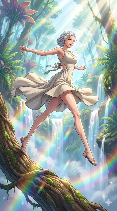 score_9, masterpiece, best quality, ultra-detailed, Set C: High-budget Anime Keyframe, Korean woman. Low angle cowboy shot filling the entire 9:16 frame with her statuesque presence. Leaping off a giant tree branch into a canyon of mist and rainbows 