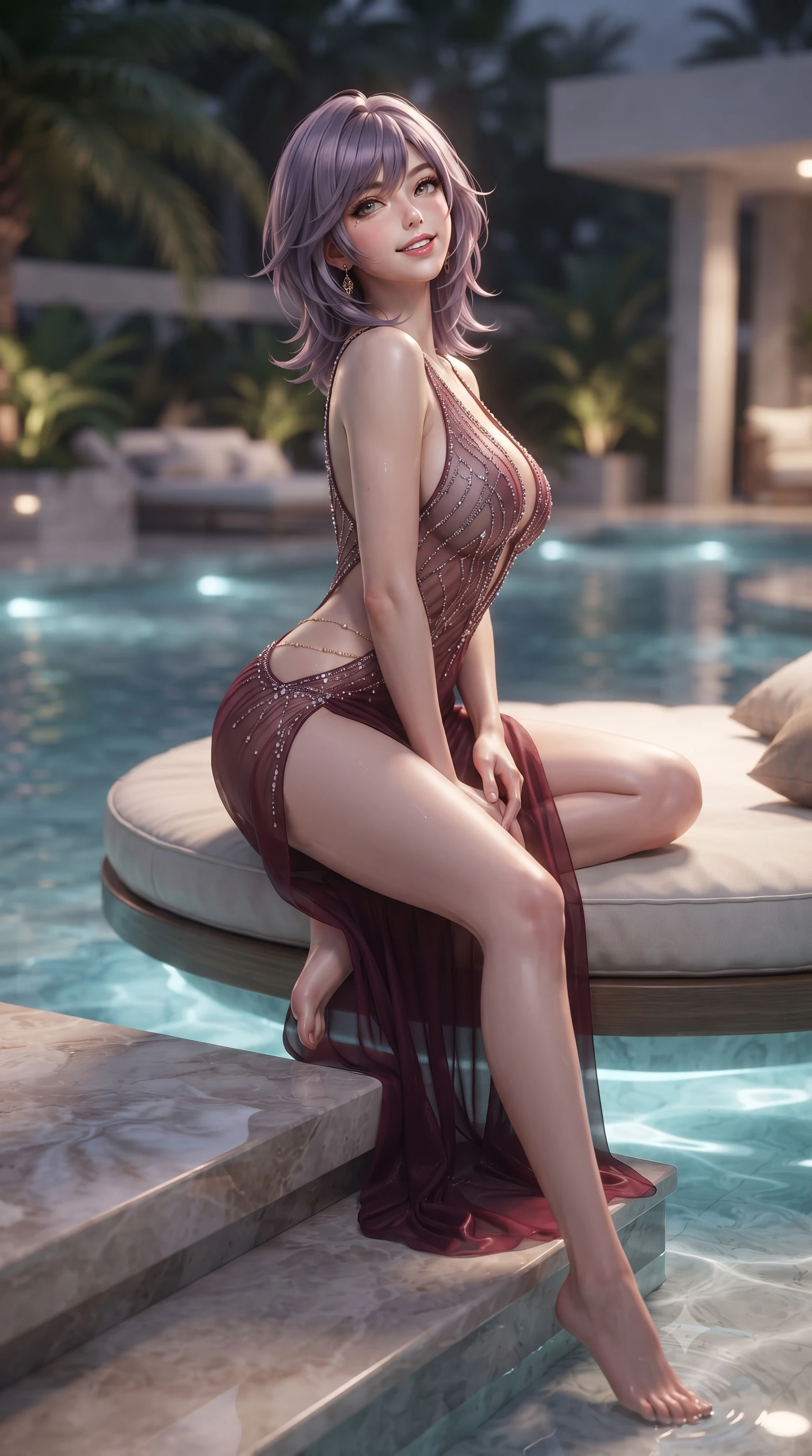 score_9, masterpiece, best quality, ultra-detailed, high-budget anime keyframe, editorial fashion photography, tasteful artistic composition, Japanese woman. low angle full-body shot from head to toe showing her feet, filling the entire 9:16 vertical frame with her statuesque presence, stretching her vertical silhouette. sitting poised on the stone steps with one knee bent, arching her spine with supermodel elegance as she glances upward through thick eyelashes while lounging on the circular floating daybed with legs extended, displaying her long slender limbs and statuesque hourglass silhouette. The background shows a soft-focus underwater pool LED glows softened in iconic Hollywood luxury shallow focus. She has an exceptionally tall and slender model-like 8.5-heads proportion, an ultra-slim waist, a flat toned midriff, narrow delicate ribcage, and beautifully sculpted feminine hips creating a graceful, slim hourglass silhouette without any bulky heaviness, with impossibly long slender legs. sharp v-shaped jawline, high-bridge nose, intricate jewel-like sparkling eyes with depth, thick eyelashes, glossy parted lips with a natural peach sheen, bright cheerful beaming smile with an enchanting and coquettish sensual glint, exuding both youthful cute charm and seductive allure, flawlessly proportioned anatomical accuracy, strict slender model proportions, natural body alignment, perfectly sculpted long slender limbs, ultra-slim waistline, clean dynamic posture without body distortion. wearing a plunge-front sheer mesh cocktail gown with delicate crystal beading and an ultra-daring hip-high leg slit in French boudoir bordeaux wine and gilded bronze, woven from buttery-soft stretch lambskin leather adhering to her body like a second skin, accented with a dainty gold belly chain resting across her flat midriff and curving hips, the second-skin tailored fabric adhering flawlessly to her sculpted flat midriff and slender torso, emphasizing her long leg lines and perfectly proportioned willowy build. illuminated by pool surface caustics bounce and sharp platinum-cyan rim lights defining her jawline, flat midriff, and feminine hips. ultra-reflective glossy finish, specular highlights, rich textural contrasts, high-contrast stereoscopic depth, volumetric dynamic lighting, 2k, ultra detail, master piece, 9:16 ratio