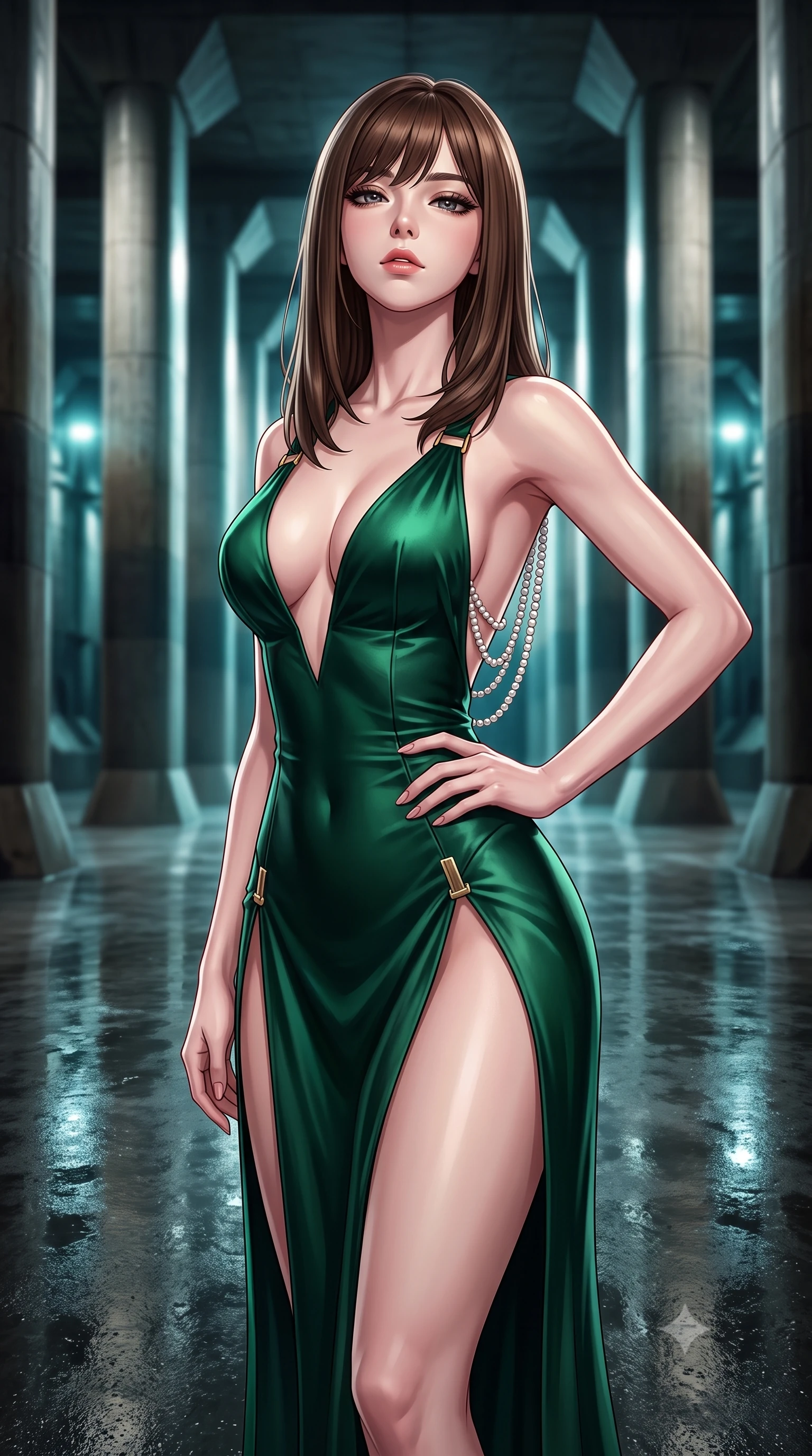 score_9, masterpiece, best quality, ultra-detailed, high-budget anime keyframe, semi-realistic 3D game render, editorial fashion photography, tasteful artistic composition, Korean woman. close-up cowboy shot from the waist and thighs up, the character dominates the composition, filling the frame with her large presence. tilting her chin up with proud, sovereign allure while gazing through thick eyelashes, one hand resting on her waist in pure supermodel charisma while standing on the vast wet concrete floor between monumental 20-meter high pillars resembling a subterranean temple, arching her back with high-fashion sovereign poise. The composition keeps background elements in soft focus with creamy bokeh. endless rows of colossal architectural concrete pillars and industrial floodlights blurred into cool teal, tungsten, and dark obsidian bokeh. She has an exceptionally elegant, slender, and willowy female figure with an ultra-slim waist, flat toned midriff, narrow ribcage, and sculpted feminine hips creating an alluring, slim hourglass silhouette without bulk. sharp v-shaped jawline, high-bridge nose, intricate jewel-like eyes with depth, thick eyelashes, glossy parted lips with a natural sheen, intensely captivating and seductive bedroom-eyes expression, flawlessly proportioned anatomical accuracy, strict slender model proportions, natural body alignment, perfectly sculpted long slender limbs, ultra-slim waistline, clean dynamic posture without body distortion. wearing a plunging-V neckline duchess satin gown with high side slits ascending to the high hip in deep emerald green satin and gold hardware, formed from supple second-skin lambskin leather with specular sheen, accented with a multi-strand pearl back necklace cascading down her bare spine to her hips, the glove-like aerodynamic silhouette tightly following the natural contour of her hips and long slender legs with statuesque 8.5-heads elegance. bathed in dramatic architectural floodlights beaming down between giant pillars creating high-contrast chiaroscuro. highly saturated vibrant anime colors, detailed shading with soft gradients, rich glossy textures, high-contrast stereoscopic depth, volumetric dynamic lighting, master piece, 9:16 ratio