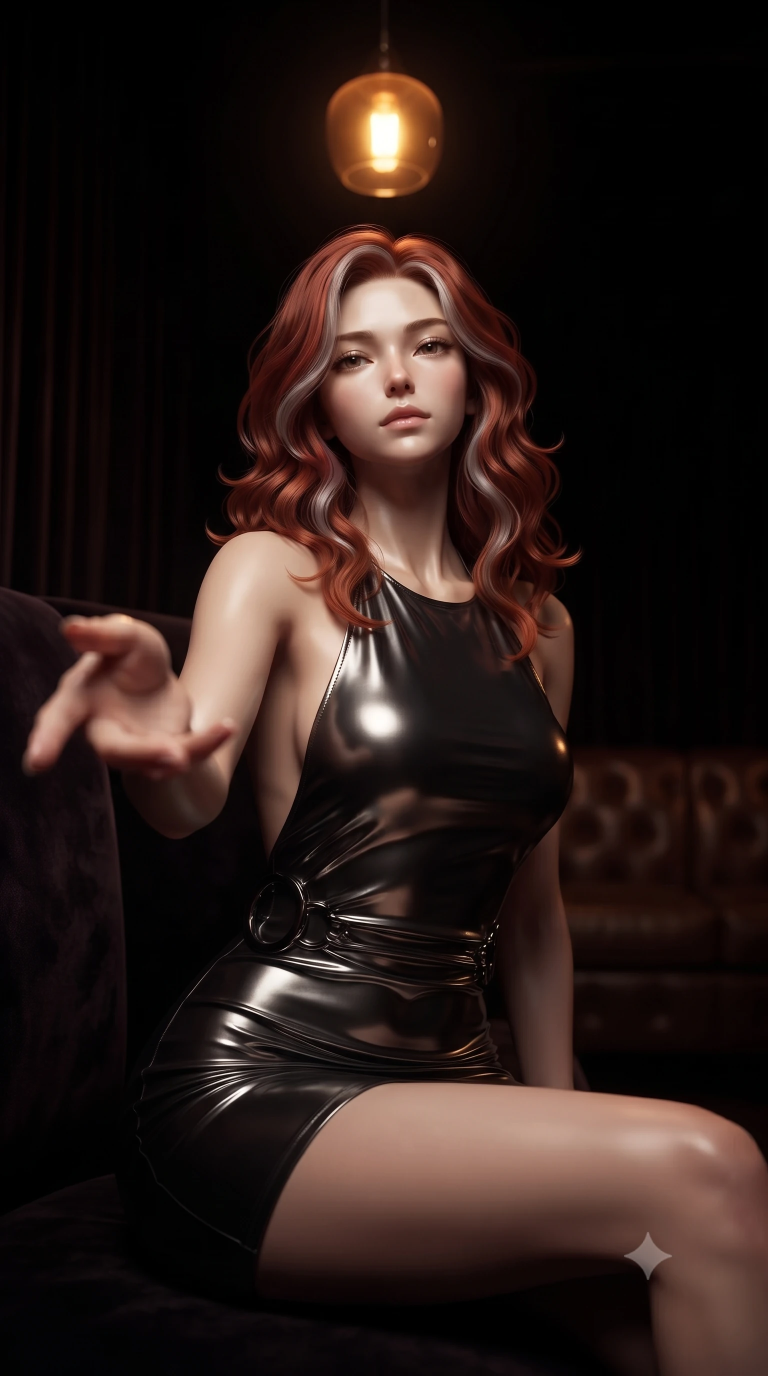 score_9, masterpiece, best quality, ultra-detailed, high-budget anime keyframe, editorial fashion photography, tasteful artistic composition, Caucasian woman. close-up cowboy shot from the waist and thighs up, the character dominates the composition, filling the frame with her large presence, background elements kept in soft focus. Reaching one hand toward the viewer with relaxed sensual elegance, looking up with a magnetic, composed expression from a dark private booth, composed air of effortless superiority in her direct, calm gaze. She has an exceptionally elegant, slender, and willowy female figure with an ultra-slim waist, a gracefully sculpted slender torso, and a refined silhouette. sharp v-shaped jawline, high-bridge nose, intricate jewel-like eyes with depth, thick eyelashes, glossy lips with a natural sheen. wearing backless liquid vinyl mini slip dress with bare shoulder halter neckline in metallic dark silver, made of liquid dark mercury jersey, accented with sculpted obsidian chrome rings at the waist, following her slender form with tailored precision. illuminated by a single warm amber pendant light directly above into pitch darkness. ultra-reflective glossy finish, specular highlights, metallic sheen, high-contrast stereoscopic depth, volumetric dynamic lighting, 2k, ultra detail, master piece, 9:16 ratio