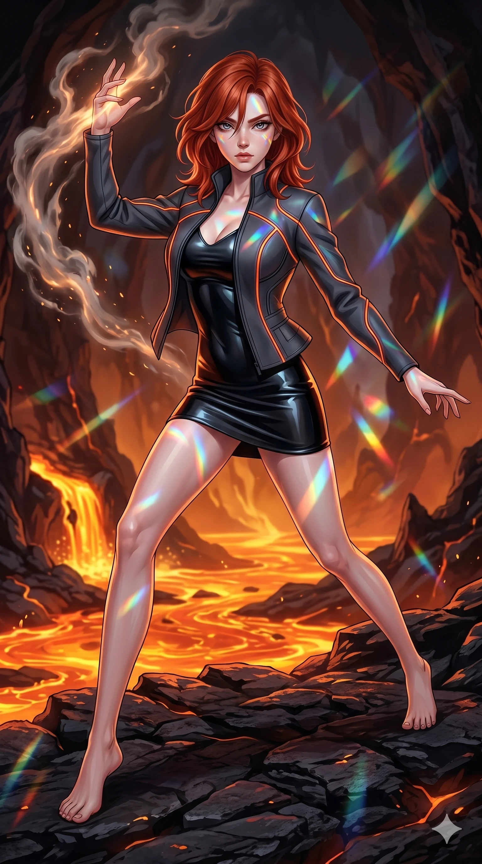 score_9, masterpiece, best quality, ultra-detailed, high-budget anime keyframe, editorial fashion photography, tasteful artistic composition, Korean woman. low angle full-body shot from head to toe showing her feet, filling the entire 9:16 vertical frame with her statuesque presence, stretching her vertical silhouette. Lunging powerfully forward with one arm raised to command the elements around her within a volcanic cavern where liquid magma rivers cast a warm amber glow. She has an absolutely perfect 8-heads proportion, an exceptionally tall and slender female figure with impossibly long slender legs and an ultra-slim waist. V-shaped jawline, high-bridge nose, intricate jewel-like eyes with depth, thick eyelashes, glossy lips with a natural sheen. wearing a sculpted charcoal neoprene jacket with orange neon piping, worn over a black latex-look mini dress. lit by mirror-reflected prismatic spotlights, creating geometric light patterns across her body. 2k, ultra detail, master piece, 9:16 ratio