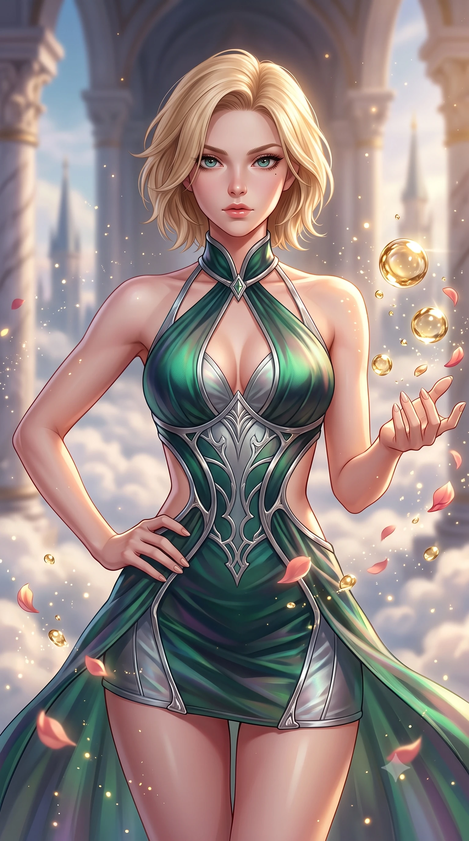 score_9, masterpiece, best quality, ultra-detailed, high-budget anime keyframe, editorial fashion photography, tasteful artistic composition, Caucasian woman. close-up cowboy shot from the waist and thighs up, the character dominates the composition, filling the frame with her large presence, background elements kept in soft focus. Holding a confident power pose with one hand on her hip, gazing directly into the camera with quiet intensity interacting with floating golden water Orbs in a cloudtop palace court, floating rose petals and golden dust motes sparkling in the air. She has an exceptionally elegant, slender, and willowy female figure with an ultra-slim waist, a gracefully sculpted slender torso, and a refined silhouette. sharp v-shaped jawline, high-bridge nose, intricate jewel-like eyes with depth, thick eyelashes, glossy lips with a natural sheen. wearing a dramatic open-waist cutout mini dress framed by sculptural hardware in deep emerald green and silver accent, crafted from iridescent chiffon that shifts colors in the light, accented with a Tasteful chest slit framing her clavicle gracefully, the tailored fabric tightly following every curve of her athletic build. lit by brilliant warm key light softening into smooth, elegant gradients. highly saturated vibrant anime colors, detailed shading with soft gradients, rich glossy textures, high-contrast stereoscopic depth, volumetric dynamic lighting, master piece, 9:16 ratio