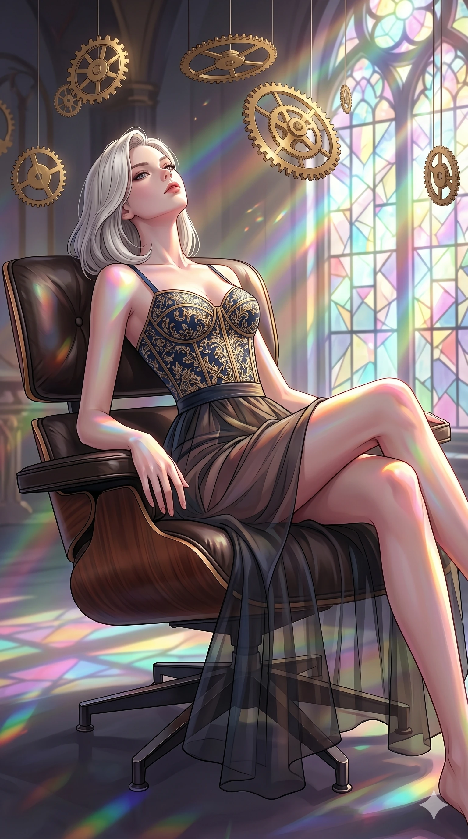 score_9, masterpiece, best quality, ultra-detailed, high-budget anime keyframe, editorial fashion photography, tasteful artistic composition, Caucasian woman, strictly human ears. cowboy shot from the thighs up, character and outfit filling the frame for maximum editorial presence. leaning back on a leather lounge chair, tilting her chin up with composed expression inside a temporal rift room with suspended golden clockwork gears (Code-P18-154). She has an absolutely perfect 8-heads proportion, an exceptionally tall and slender female figure with impossibly long slender legs and an ultra-slim waist. V-shaped jawline, high-bridge nose, intricate jewel-like eyes with depth, thick eyelashes, glossy lips with a natural sheen. wearing a fine patterned embroidery structured bodice top combined with a translucent wrap skirt. prismatic rainbow light refracting through the stained-glass window, coloring her skin. 2k, ultra detail, master piece, 9:16 ratio