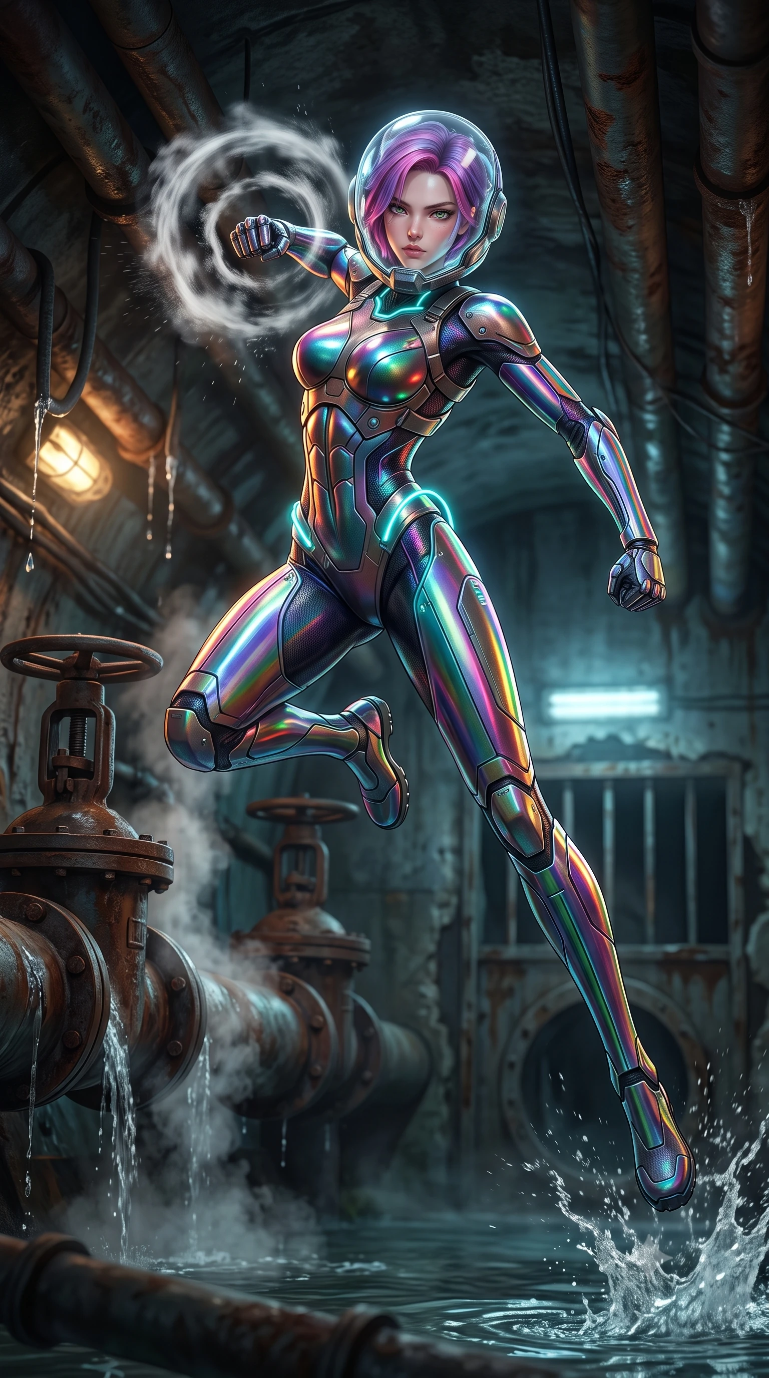 score_9, masterpiece, best quality, ultra-detailed, high-budget anime keyframe, semi-realistic 3D game render, editorial fashion photography, tasteful artistic composition, Caucasian woman. low angle full-body shot from head to toe showing her feet, filling the entire 9:16 vertical frame with her statuesque presence, stretching her vertical silhouette. leaping into mid-air with an athletic yet alluring arch of her spine, driving a downward kinetic strike surrounded by a ring of displaced air while resting against a massive drainage valve pipe with arms crossed loosely, casting a smoldering, direct gaze into the lens. The composition keeps background elements in soft focus with creamy bokeh. submerged industrial sluice gates and dripping overhead conduits softened in atmospheric shallow focus. She has an absolutely perfect, statuesque 8.5-heads proportion, an exceptionally tall and slender model-like female figure with impossibly long slender legs, a toned flat midriff, and an ultra-slim waist. sharp v-shaped jawline, high-bridge nose, intricate jewel-like eyes with depth, thick eyelashes, glossy lips with a natural sheen, fierce and resolute heroine expression, flawlessly proportioned anatomical accuracy, strict slender model proportions, natural body alignment, perfectly sculpted long slender limbs, ultra-slim waistline, clean dynamic posture without body distortion. wearing a crystal-clear transparent armored riot-visor helmet showing her entire beautiful face and determined expression with pristine clarity, paired with a tailored tactical combat jumpsuit with an open-back harness design, reinforced composite breastplate, and high-mobility elbow dampers in high-gloss iridescent rainbow carbon with scorched titanium plating, formed from high-gloss patent carbon-plating with specular dystopian chiaroscuro reflections, accented with glowing fiber-optic telemetry conduits tracing her collarbones and hip curves, the liquid-tight tailored fabric emphasizing every curve of her tall, slender model proportions and sculptured silhouette during dynamic movement. surrounded by an agile, lethal, and breathtakingly athletic aquatic infiltration operative aura. rich saturated anime colors with glowing neon highlights, detailed shading with soft gradients, rich glossy textures, high-contrast stereoscopic depth, volumetric dynamic lighting, master piece, 9:16 ratio