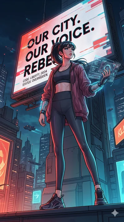 score_9, masterpiece, best quality, ultra-detailed, high-budget anime movie keyframe, cinematic anime lighting, intricate line art, Korean woman. Low angle cowboy shot capturing a powerful motion and statuesque presence. hacking a giant billboard to 