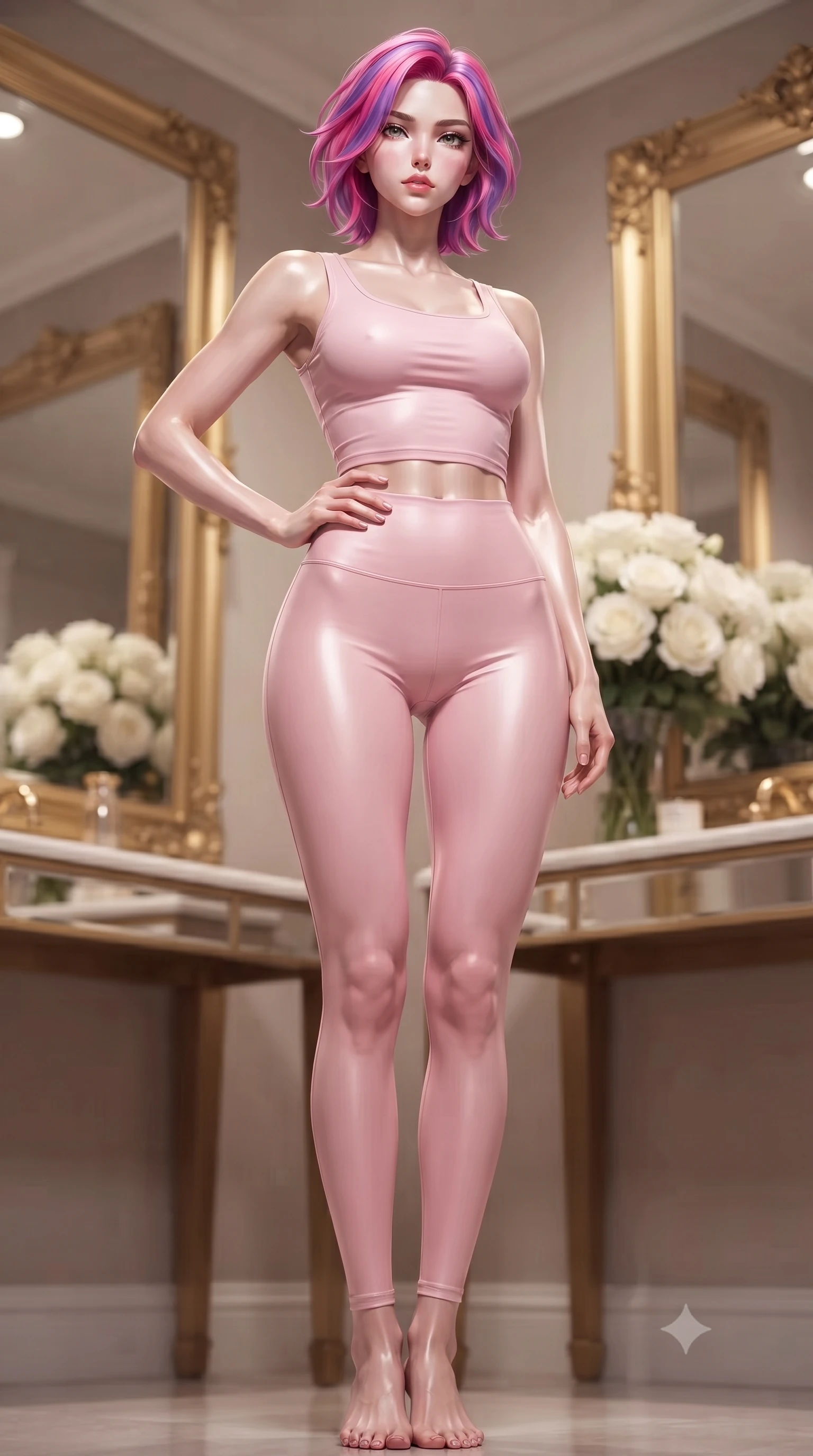 score_9, masterpiece, best quality, ultra-detailed, high-budget anime keyframe, editorial fashion photography, tasteful artistic composition, Caucasian woman. low angle full-body shot from head to toe showing her feet, filling the entire 9:16 vertical frame with her statuesque presence, stretching her vertical silhouette. posing confidently with one hand on her hip, stretching her statuesque body to emphasize her curves the background shows a soft-focus a luxury hotel suite corner with gold mirrors and white flower bouquets. She has an absolutely perfect, statuesque 8.5-heads proportion, an exceptionally tall and slender model-like female figure with impossibly long slender legs and an ultra-slim waist. sharp v-shaped jawline, high-bridge nose, intricate jewel-like eyes with depth, thick eyelashes, glossy lips with a natural sheen. wearing a slim-fit body-hugging light pink crop tank top paired with high-waisted tight-fitting leggings. soft spotlighting highlighting the silk textures of her gown. ultra-reflective glossy finish, specular highlights, metallic sheen, high-contrast stereoscopic depth, volumetric dynamic lighting, 2k, ultra detail, master piece, 9:16 ratio