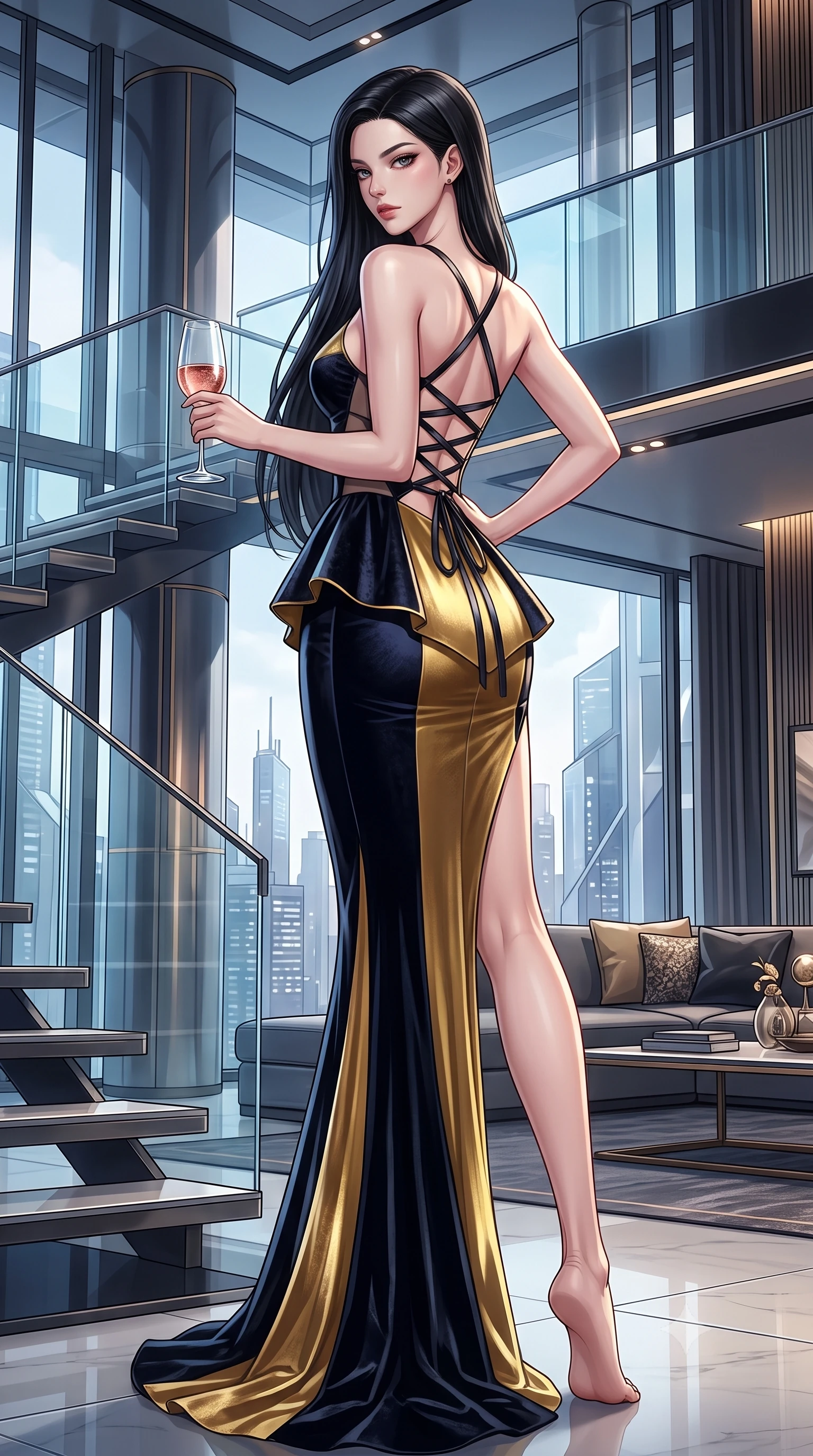 score_9, masterpiece, best quality, ultra-detailed, high-budget anime keyframe, semi-realistic 3D game render, editorial fashion photography, tasteful artistic composition, Korean woman. low angle full-body shot from head to toe showing her feet, filling the entire 9:16 vertical frame with her statuesque presence, stretching her vertical silhouette. standing poised with one hip cocked in an alluring high-fashion pose, her tall 8.5-heads proportions dominating the scene while holding a chilled glass of vintage rosé, casting a smoldering, confident gaze over her shoulder into the lens. The surrounding environment is rendered in vivid detail and crisp panoramic clarity. sleek modern luxury chiaroscuro and futuristic skyline elegance rendered with environmental precision. She has an absolutely perfect, statuesque 8.5-heads proportion, an exceptionally tall and slender model-like female figure with impossibly long slender legs, a toned flat midriff, and an ultra-slim waist. sharp v-shaped jawline, high-bridge nose, intricate jewel-like eyes with depth, thick eyelashes, glossy lips with a natural sheen, captivating and magnetic expression, flawlessly proportioned anatomical accuracy, strict slender model proportions, natural body alignment, perfectly sculpted long slender limbs, ultra-slim waistline, clean dynamic posture without body distortion. wearing a structural geometric peplum gown with sheer side-ribbon cutouts and form-fitting skirt in midnight obsidian black and liquid gold, crafted from heavyweight crushed silk velvet with liquid luster, featuring a criss-cross satin back lacing highlighting her graceful shoulder blades, the sleek tailored cut tightly hugging her graceful clavicle, narrow waist, and feminine curves with statuesque precision. surrounded by a cosmopolitan, elite, and intensely magnetic modern royalty aura. highly saturated vibrant anime colors, detailed shading with soft gradients, rich glossy textures, high-contrast stereoscopic depth, volumetric dynamic lighting, master piece, 9:16 ratio