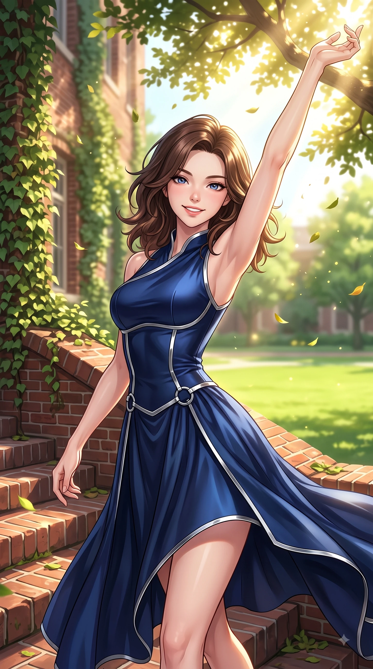 score_9, masterpiece, best quality, ultra-detailed, high-budget anime keyframe, editorial fashion photography, tasteful artistic composition, Korean woman. close-up cowboy shot from the waist and thighs up, the character dominates the composition, filling the frame with her large presence, background elements kept in soft focus. Extending one arm in an elegant stretch toward the light while smiling with vibrant, youthful self-assurance while pivoting dynamically on the steps of a red-brick ivy-covered university hall with a bright smile, lush green quad lawn scattered with golden sunlight motes and fluttering leaves. She has an exceptionally elegant, slender, and willowy female figure with an ultra-slim waist, a gracefully sculpted slender torso, and a refined silhouette. sharp v-shaped jawline, high-bridge nose, intricate jewel-like eyes with depth, thick eyelashes, glossy lips with a natural sheen, flawlessly proportioned anatomical accuracy, natural body alignment, perfectly sculpted elegant limbs, clean dynamic posture without body distortion. wearing a modern fusion silk hanbok dress with a structured bodice and flowing skirt in midnight navy blue and chrome trim, crafted from lustrous satin jersey with fluid draping, accented with delicate chrome ring hardware framing her waist, the form-contouring material highlighting her ultra-slim waist and long lines. bathed in brilliant sunny morning light filtering through oak tree canopies. highly saturated vibrant anime colors, detailed shading with soft gradients, rich glossy textures, high-contrast stereoscopic depth, volumetric dynamic lighting, master piece, 9:16 ratio
