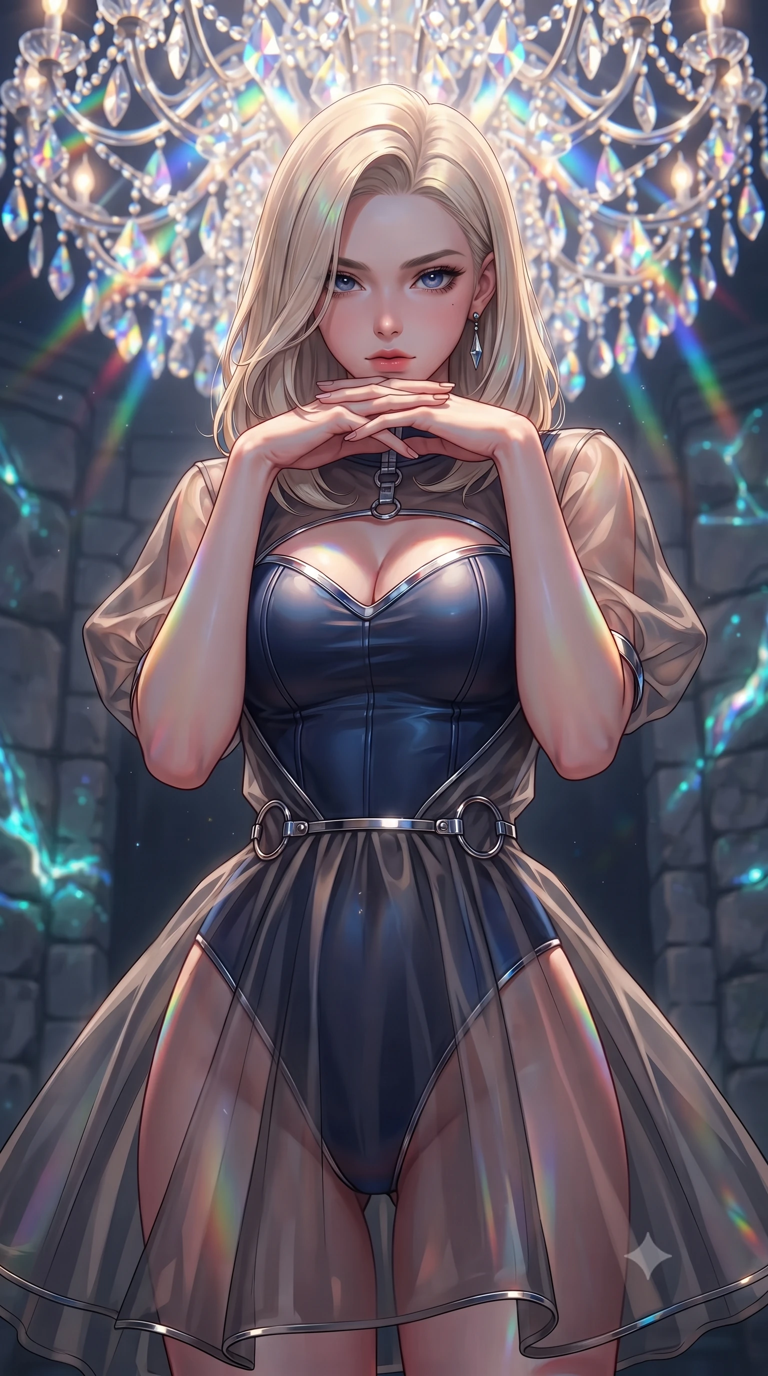 score_9, masterpiece, best quality, ultra-detailed, high-budget anime keyframe, editorial fashion photography, tasteful artistic composition, Caucasian woman. close-up cowboy shot from the waist and thighs up, the character dominates the composition, filling the frame with her large presence, background elements kept in soft focus. Resting her chin on the backs of her fingers, casting a sharp, mysterious gaze poised beneath a giant crystal chandelier refracting subterranean sunlight, bioluminescent opal veins pulsing softly in the surrounding stone walls. She has an exceptionally elegant, slender, and willowy female figure with an ultra-slim waist, a gracefully sculpted slender torso, and a refined silhouette. sharp v-shaped jawline, high-bridge nose, intricate jewel-like eyes with depth, thick eyelashes, glossy lips with a natural sheen. wearing a semi-opaque sheer overlay dress over a leather micro-bodysuit in midnight navy blue and chrome trim, woven from fine semi-opaque sheer organza, accented with delicate chrome ring hardware framing her waist, the glove-like fit emphasizing her statuesque silhouette. bathed in brilliant prismatic light filtering from a natural cavern skylight. highly saturated vibrant anime colors, detailed shading with soft gradients, rich glossy textures, high-contrast stereoscopic depth, volumetric dynamic lighting, master piece, 9:16 ratio