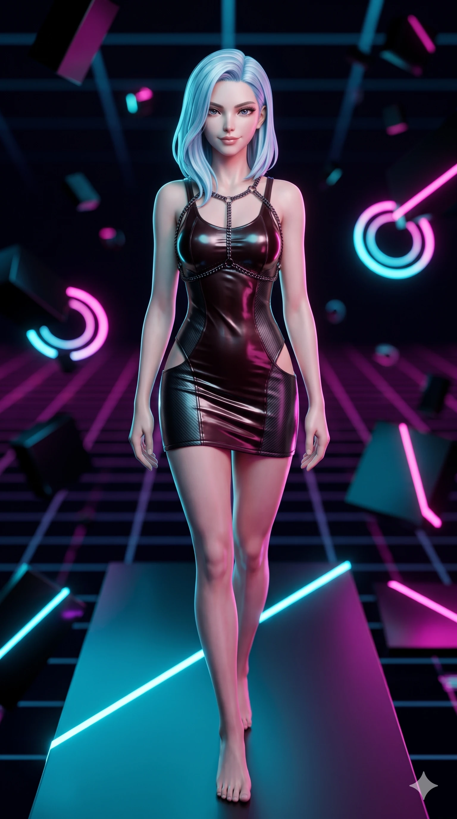 score_9, masterpiece, best quality, ultra-detailed, high-budget anime keyframe, semi-realistic 3D game render, editorial fashion photography, tasteful artistic composition, Korean woman. close-up cowboy shot from the waist and thighs up, the character dominates the composition, filling the frame with her large presence. twisting her slender torso in a deep contrapposto stance, hips dramatically shifted to accentuate her feminine curves while striding confidently along the floating monolithic platform, her long slender legs and hourglass hips commanding the infinite cyber void. The background shows a soft-focus tumbling obsidian geometric slabs, endless deep-space perspective grid lines, and glowing neon ring nodes blurred into magenta, cyan, and pitch-black bokeh. She has an exceptionally elegant, slender, and willowy female figure with an ultra-slim waist, flat toned midriff, narrow ribcage, and sculpted feminine hips creating an alluring, slim hourglass silhouette without bulk. sharp v-shaped jawline, high-bridge nose, intricate jewel-like dark sparkling eyes with hypnotic seductive depth, thick curled eyelashes, glossy parted lips with a natural wine sheen, alluring bedroom-eyes with an enigmatic smoldering smile, exuding magnetic sovereign charisma and dark avant-garde glamour, flawlessly proportioned anatomical accuracy, strict slender model proportions, natural body alignment, perfectly sculpted long slender limbs, ultra-slim waistline, clean dynamic posture without body distortion. wearing a liquid-look wet vinyl micro-mini dress clinging like a second skin with hip-high side cutouts in dark mahogany and brushed gunmetal, woven from matte carbon-fiber weave with high-tech structural hold, accented with a dark metallic body chain harness subtly framing her dewy collarbones and spine, contouring every curve with an exceptionally elegant silhouette and captivating allure. bathed in high-contrast cyan and hot-magenta neon vector lines slicing across dark surfaces. highly saturated vibrant anime colors, detailed shading with soft gradients, rich glossy textures, high-contrast stereoscopic depth, volumetric dynamic lighting, master piece, 9:16 ratio