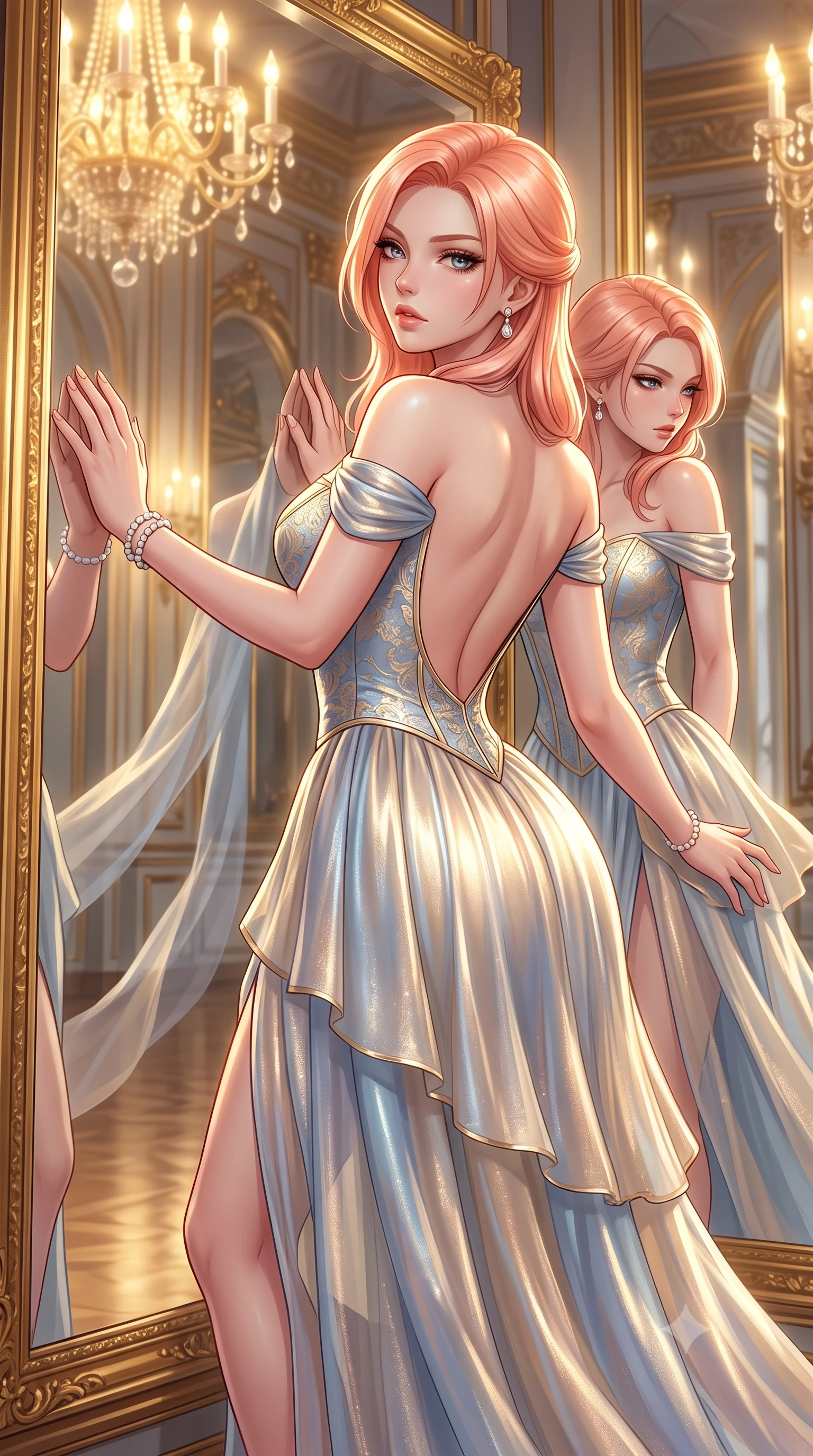 score_9, masterpiece, best quality, ultra-detailed, high-budget anime keyframe, semi-realistic 3D game render, editorial fashion photography, tasteful artistic composition, Japanese woman. close-up cowboy shot from the waist and thighs up, the character dominates the composition, filling the frame with her large presence. arching her spine backward with effortless dancer poise, one hand sliding along her hip line as directional light carves specular highlights along her silhouette while resting both hands against a colossal gilded mirror panel with lower back arched, glancing over her shoulder at her own reflection with parted glossy lips. The surrounding environment is rendered in vivid detail and crisp panoramic clarity. detailed silk brocade patterns, antique mirror bevels, and pearl jewelry luster in high resolution. She has an exceptionally elegant, slender, and willowy female figure with an ultra-slim waist, a gracefully sculpted slender torso, toned flat midriff, and rounded feminine hips creating an alluring hourglass silhouette. sharp v-shaped jawline, high-bridge nose, intricate jewel-like eyes with depth, thick eyelashes, glossy parted lips with a natural sheen, intensely captivating and seductive bedroom-eyes expression, flawlessly proportioned anatomical accuracy, strict slender model proportions, natural body alignment, perfectly sculpted long slender limbs, ultra-slim waistline, clean dynamic posture without body distortion. wearing an off-shoulder French court corset bodice dress paired with a tiered translucent chiffon slit skirt in powder blue and shimmering champagne gold, crafted from luxurious metallic lamé that shifts radiance with every step, finished with sheer floating train panels fluttering behind her in the mirrored hall, the dramatically scooped open back descending to the base of her spine, accentuating her razor-sharp statuesque lines and curvy hourglass silhouette. bathed in radiant golden chandelier illumination and multi-directional mirror reflections. highly saturated vibrant anime colors, detailed shading with soft gradients, rich glossy textures, high-contrast stereoscopic depth, volumetric dynamic lighting, master piece, 9:16 ratio