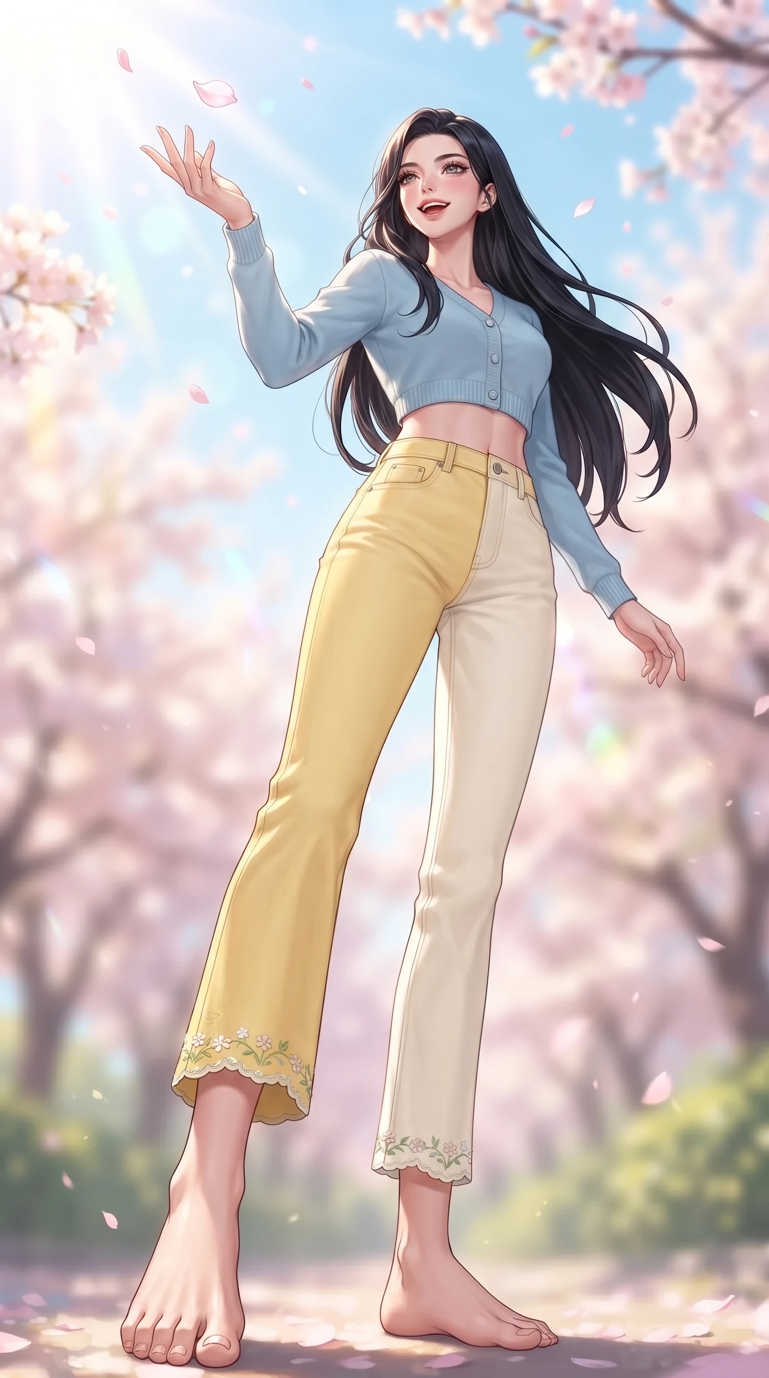 score_9, masterpiece, best quality, ultra-detailed, high-budget anime keyframe, editorial fashion photography, tasteful artistic composition, Korean woman. low angle full-body shot from head to toe showing her feet, filling the entire 9:16 vertical frame with her statuesque presence, stretching her vertical silhouette. pivoting dynamically with a fresh infectious smile, her ultra-slim waist creating a sweeping fluid curve while reaching her hand up playfully to catch a floating blossom petal with a joyful expression. The composition keeps background elements in soft focus with dreamy bokeh. pastel spring sky refractions and flower branches blurred in smooth creamy depth. She has an absolutely perfect, statuesque 8.5-heads proportion, an exceptionally tall and slender model-like female figure with impossibly long slender legs and an ultra-slim waist. sharp v-shaped jawline, high-bridge nose, intricate jewel-like eyes with depth, thick eyelashes, glossy lips with a natural sheen, flawlessly proportioned anatomical accuracy, natural body alignment, perfectly sculpted elegant limbs, clean dynamic posture without body distortion. wearing a casual chic pastel blue cropped cardigan with high-rise straight-leg denim jeans in bright butter yellow and fresh cream white, knitted from soft cozy cashmere yarn, complemented by delicate embroidered floral trim along the hem, the breezy lightweight fabric fluttering softly against her delicate frame. bathed in bright morning sunbeams and warm golden sakura backlighting. ultra-reflective glossy finish, specular highlights, metallic sheen, high-contrast stereoscopic depth, volumetric dynamic lighting, 2k, ultra detail, master piece, 9:16 ratio