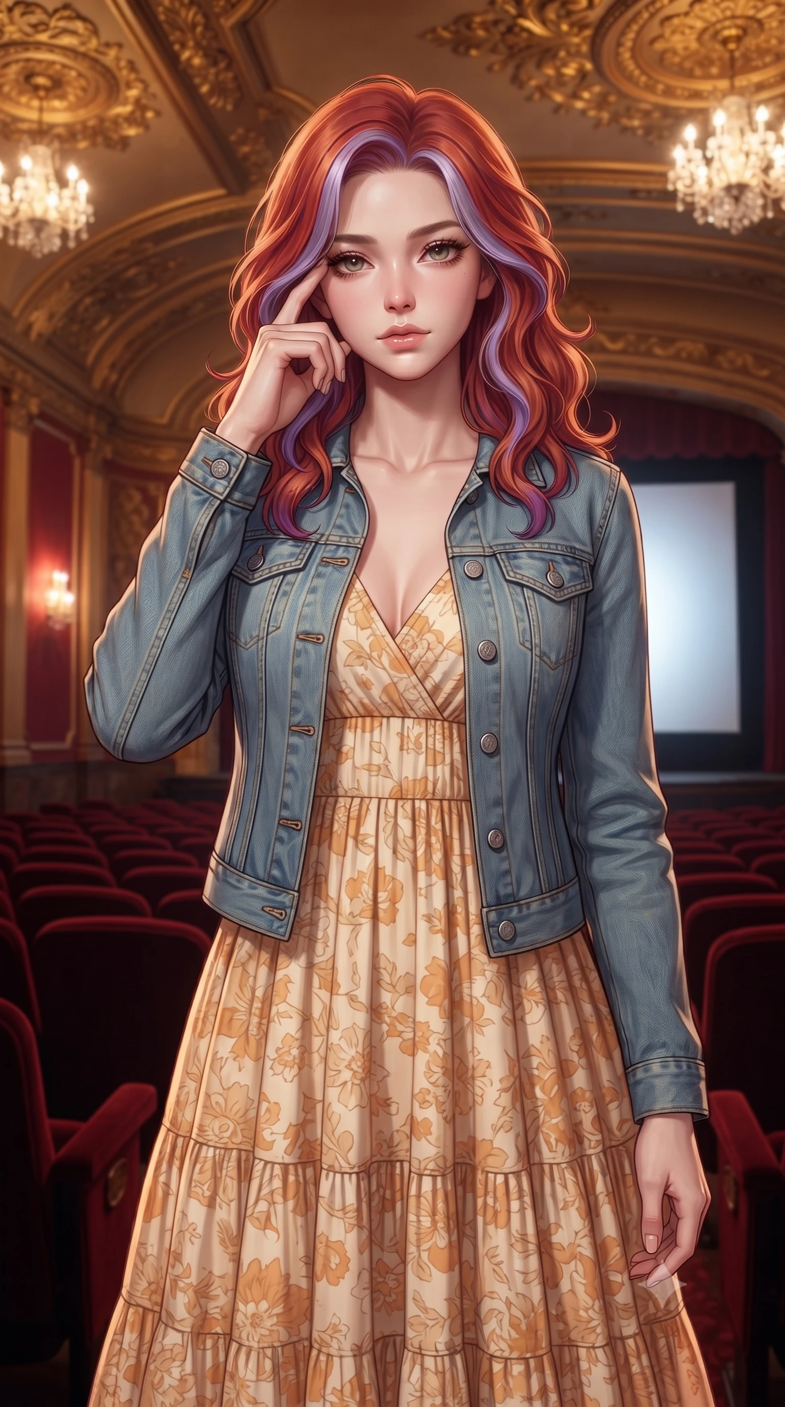 score_9, masterpiece, best quality, ultra-detailed, high-budget anime keyframe, editorial fashion photography, tasteful artistic composition, Caucasian woman, strictly human ears. close-up cowboy shot from the waist and thighs up, the character dominates the composition, filling the frame with her large presence, background elements kept in soft focus. Pressing two fingers to her temple in a composed thoughtful gesture. set against a soft-focus background of inside a magnificently restored 1930s movie palace with deep red velvet seats ornate gold leaf ceiling decorations crystal chandeliers and the silver screen casting a ghostly white glow across the empty auditorium. She has an exceptionally elegant and slender, willowy female figure with an ultra-slim waist, a gracefully sculpted slender torso, and a refined slim physique. sharp v-shaped jawline, high-bridge nose, intricate jewel-like eyes with depth, thick eyelashes, glossy lips with a natural sheen. wearing a tailored light blue denim jacket over a tiered cotton maxi dress in a warm cream and apricot floral print. warm golden light from the ornate ceiling fixtures and wall sconces with cool silver-white light from the cinema screen creating dramatic warm-cool contrast across the red velvet interior. 2k, ultra detail, master piece, 9:16 ratio