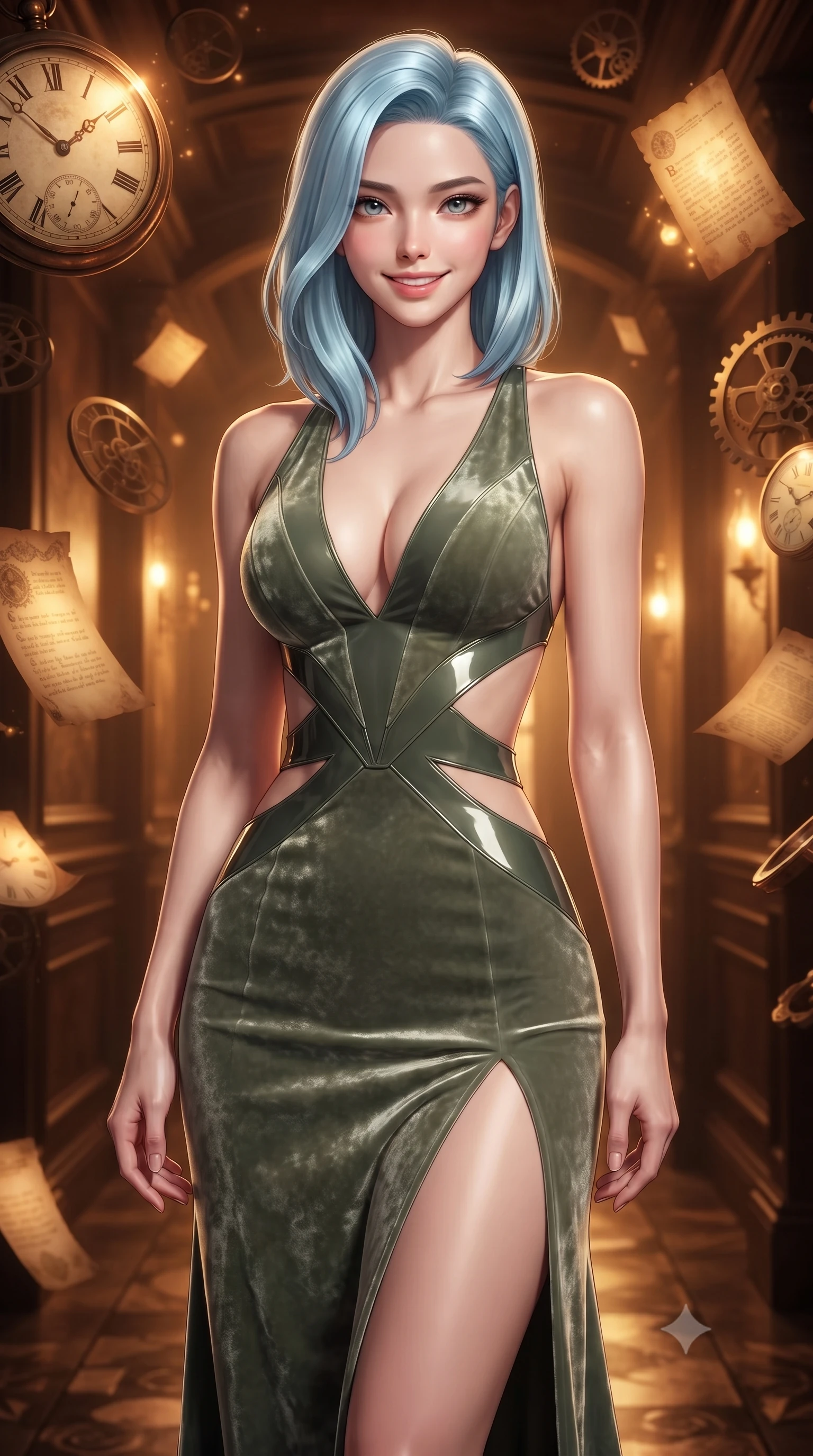score_9, masterpiece, best quality, ultra-detailed, high-budget anime keyframe, editorial fashion photography, tasteful artistic composition, Korean woman. close-up cowboy shot from the waist and thighs up, the character dominates the composition, filling the frame with her large presence, background elements kept in soft focus. Smiling with quiet, magnetic self-assurance directly into the lens standing in a corridor where antique clock dials and historical parchments float in amber light, warm antique paper and bronze textures bathed in rich chiaroscuro. She has an exceptionally elegant, slender, and willowy female figure with an ultra-slim waist, a gracefully sculpted slender torso, and a refined silhouette. sharp v-shaped jawline, high-bridge nose, intricate jewel-like eyes with depth, thick eyelashes, glossy lips with a natural sheen. wearing a backless crushed velvet gown with a deep V-neckline and high thigh slit in sage green and oatmeal, tailored from high-gloss patent leather, featuring subtle geometric cutouts that highlight her ultra-slim midriff, the glove-like fit emphasizing her statuesque silhouette. bathed in rich amber temporal glow and warm golden backlighting. ultra-reflective glossy finish, specular highlights, metallic sheen, high-contrast stereoscopic depth, volumetric dynamic lighting, 2k, ultra detail, master piece, 9:16 ratio