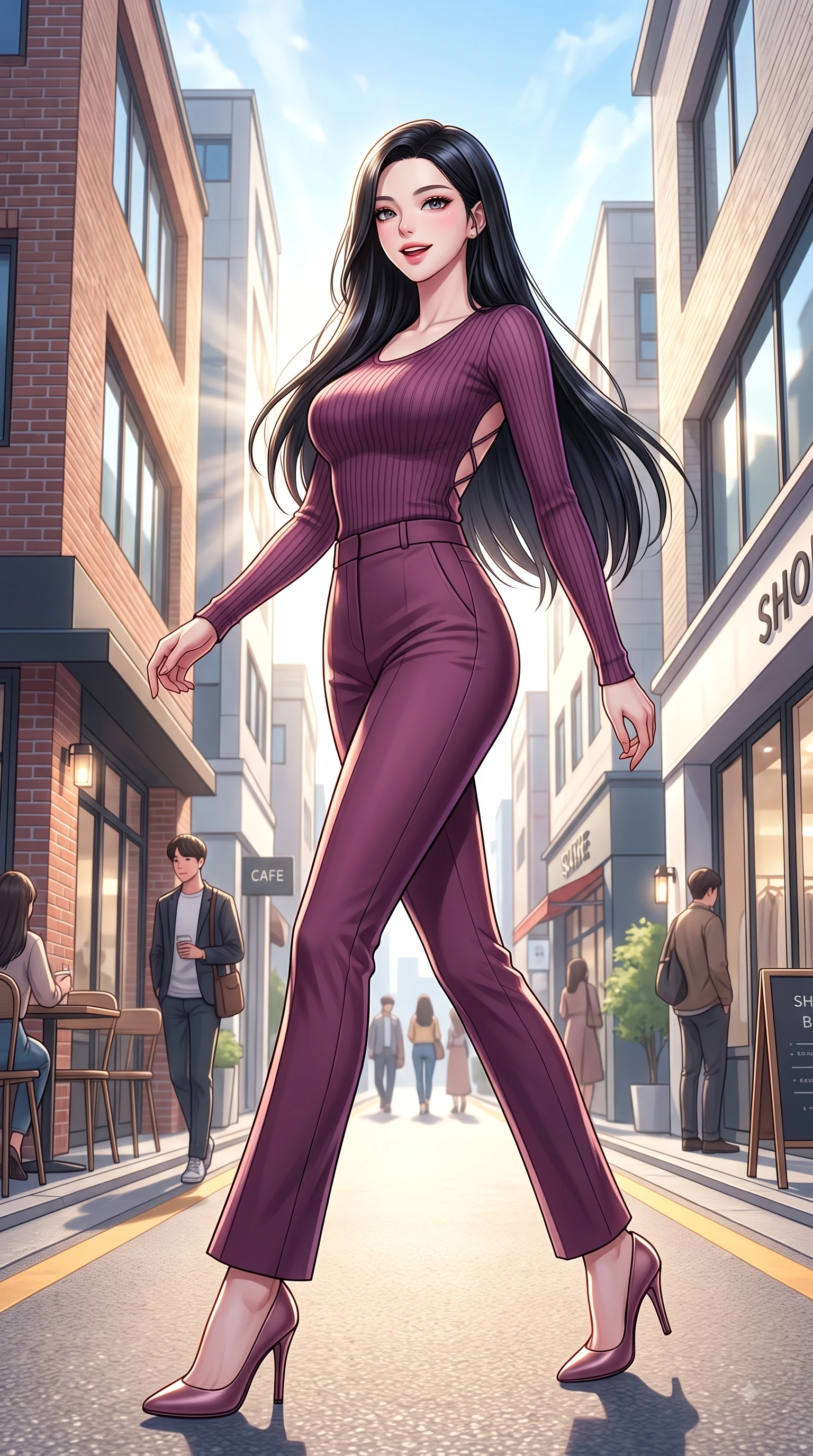 score_9, masterpiece, best quality, ultra-detailed, high-budget anime keyframe, editorial fashion photography, tasteful artistic composition, Korean woman. low angle full-body shot from head to toe showing her feet, filling the entire 9:16 vertical frame with her statuesque presence, stretching her vertical silhouette. stepping forward gracefully in mid-motion with a delighted cute expression, displaying her statuesque model proportions while walking dynamically down a sunlit Seongsu boutique street lined with modern brick cafes. The surrounding environment is rendered in vivid detail and crisp panoramic clarity. bright afternoon sunbeams filtering between chic urban buildings with vivid environmental sharpness. She has an absolutely perfect, statuesque 8.5-heads proportion, an exceptionally tall and slender model-like female figure with impossibly long slender legs and an ultra-slim waist. sharp v-shaped jawline, high-bridge nose, intricate jewel-like eyes with depth, thick eyelashes, glossy lips with a natural sheen, flawlessly proportioned anatomical accuracy, natural body alignment, perfectly sculpted elegant limbs, clean dynamic posture without body distortion. wearing a form-contouring ribbed knit top paired with high-waisted tailored stretch trousers in rich plum purple and rose gold, tailored from fine wool crepe with clean lines, finished with delicate criss-cross back straps highlighting her bare shoulders, the sleek second-skin texture accentuating her magnetic presence. surrounded by a lively, stylish, and fresh city atmosphere. highly saturated vibrant anime colors, detailed shading with soft gradients, rich glossy textures, high-contrast stereoscopic depth, volumetric dynamic lighting, master piece, 9:16 ratio