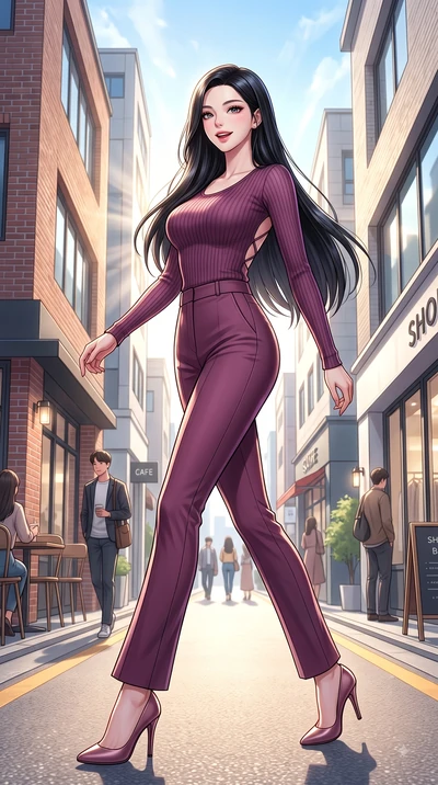score_9, masterpiece, best quality, ultra-detailed, high-budget anime keyframe, editorial fashion photography, tasteful artistic composition, Korean woman. low angle full-body shot from head to toe showing her feet, filling the entire 9:16 vertical f