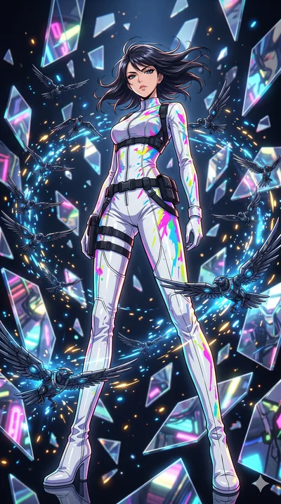 score_9, masterpiece, best quality, ultra-detailed, Set A: High-budget Anime Keyframe, Japanese woman. Low angle cowboy shot filling the entire 9:16 frame with her statuesque presence. Standing victoriously through a dimension of floating mirrors, su