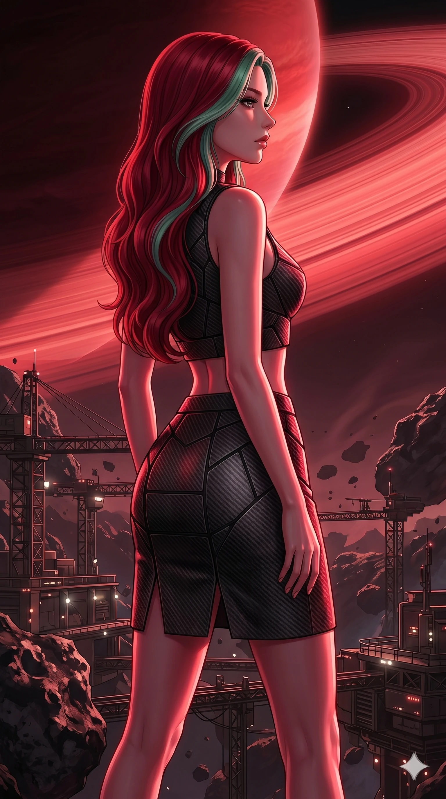 score_9, masterpiece, best quality, ultra-detailed, high-budget anime keyframe, editorial fashion photography, tasteful artistic composition, Caucasian woman, strictly human ears. cowboy shot from the thighs up, character and outfit filling the frame for maximum editorial presence. Turning her face in a sharp, dramatic profile against the light, highlighting her v-shaped jawline on an asteroid mining outpost under the glowing red rings of a giant gas planet, as gravity waves create subtle ripples in the atmospheric background. She has an absolutely perfect 8-heads proportion, an exceptionally tall and slender female figure with impossibly long slender legs and an ultra-slim waist. V-shaped jawline, high-bridge nose, intricate jewel-like eyes with depth, thick eyelashes, glossy lips with a natural sheen. wearing a structured crop top made of matte carbon fiber plates and a matching high-waist split-hem skirt. drenched in deep crimson theatrical lighting with sharp specular highlights on every curve. 2k, ultra detail, master piece, 9:16 ratio