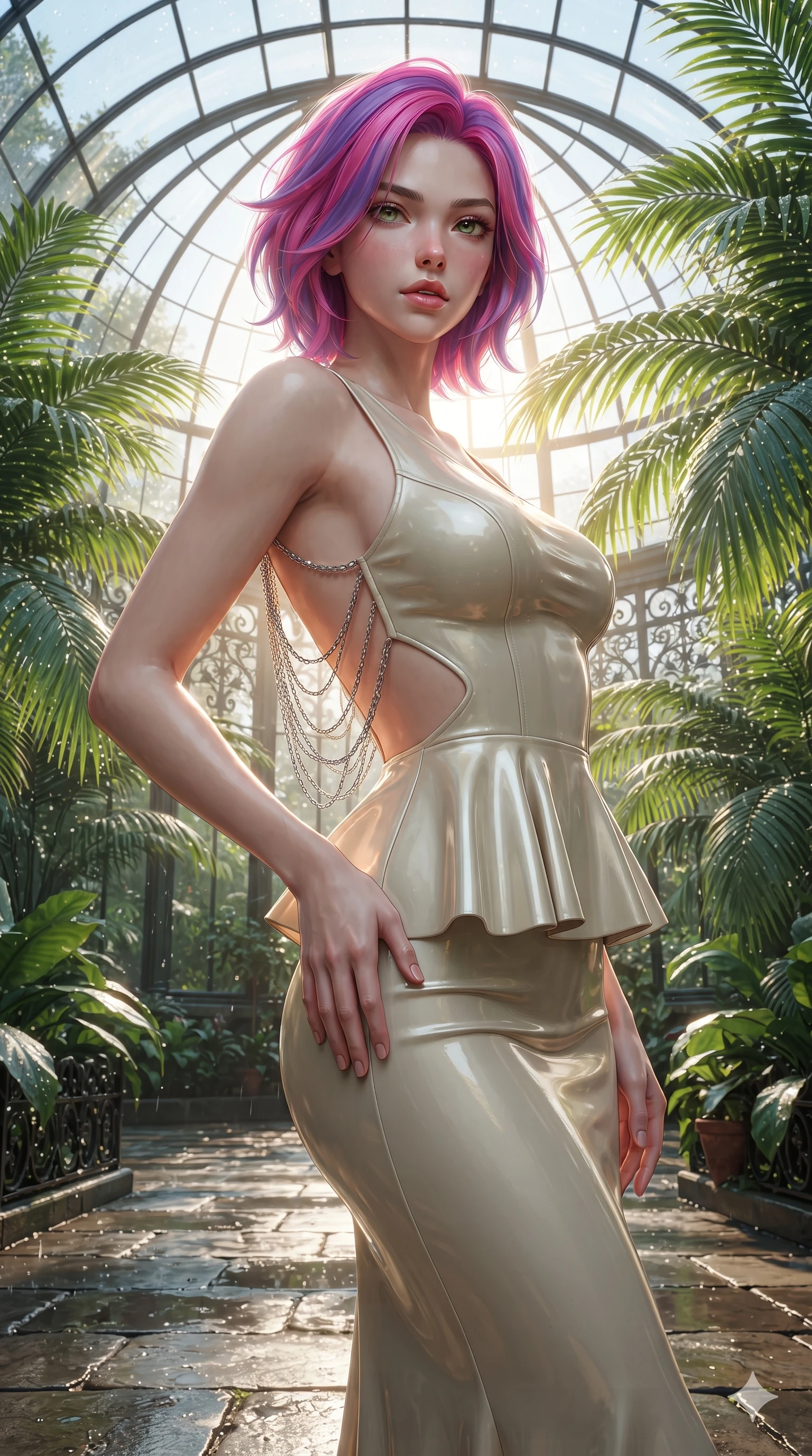 score_9, masterpiece, best quality, ultra-detailed, high-budget anime keyframe, editorial fashion photography, tasteful artistic composition, Caucasian woman. close-up cowboy shot from the waist and thighs up, the character dominates the composition, filling the frame with her large presence. arching her spine backward with effortless dancer poise, one hand sliding along her hip line as directional light carves specular highlights along her silhouette while standing poised beneath the soaring curved glass dome as afternoon sunbeams lance through exotic palm fronds, arching her spine with ethereal siren poise. The surrounding environment is rendered in vivid detail and crisp panoramic clarity: sharp cast-iron botanical scrollwork, moisture droplets on glossy palm leaves, and crisp glass dome mullions in deep focus. She has an exceptionally elegant, slender, and willowy female figure with an ultra-slim waist, flat toned midriff, narrow ribcage, and sculpted feminine hips creating an alluring, slim hourglass silhouette without bulk. sharp v-shaped jawline, high-bridge nose, intricate jewel-like sparkling eyes with depth, thick eyelashes, glossy parted lips with a natural sheen, intensely captivating and seductive bedroom-eyes expression, exuding both youthful cute charm and sovereign luxury allure, flawlessly proportioned anatomical accuracy, strict slender model proportions, natural body alignment, perfectly sculpted long slender limbs, ultra-slim waistline, clean dynamic posture without body distortion. wearing a modern peplum corset dress with side-waist diamond cutouts and an ultra-tight silhouette in Istrian stone cream and antique gold-leaf, made of fluid liquid jersey with seamless sculpting hold and smooth contours, accented with an open-back drape framed by falling strands of delicate chrome chains, the form-contouring material adhering flawlessly to her sculpted flat midriff and slender torso, emphasizing her long leg lines and perfectly proportioned willowy build. illuminated by wet flagstone floor reflections and sharp emerald-gold rim lights sculpting her razor-sharp jawline, narrow waist, and curvy hips. ultra-reflective glossy finish, specular highlights, rich textural contrasts, high-contrast stereoscopic depth, volumetric dynamic lighting, 2k, ultra detail, master piece, 9:16 ratio