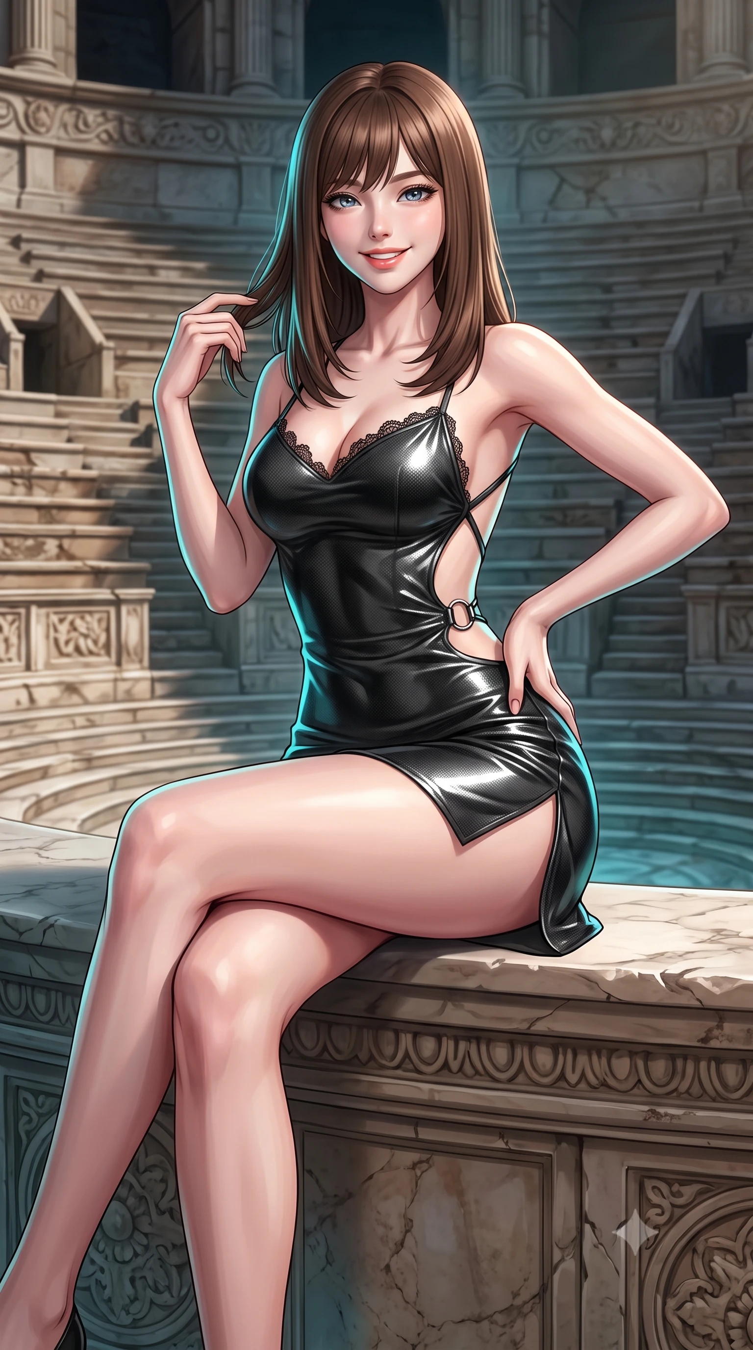 score_9, masterpiece, best quality, ultra-detailed, high-budget anime keyframe, editorial fashion photography, tasteful artistic composition, Korean woman. close-up cowboy shot from the waist and thighs up, the character dominates the composition, filling the frame with her large presence. twisting her slender torso in an alluring contrapposto stance, one hand resting on her sculpted hip while her fingers toy with her hair with effortless poise while sitting gracefully on the carved marble tier with legs crossed, flashing an enchanting smile with parted glossy lips. The surrounding environment is rendered in vivid detail and crisp panoramic clarity: detailed garment drape, high-gloss wet-look sheen, and grand sunken amphitheater architecture in high resolution. She has an exceptionally elegant, slender, and willowy female figure with an ultra-slim waist, flat toned midriff, narrow ribcage, and sculpted feminine hips creating an alluring, slim hourglass silhouette without bulk. sharp v-shaped jawline, high-bridge nose, intricate jewel-like sparkling eyes with depth, thick eyelashes, glossy parted lips with a natural peach sheen, bright cheerful beaming smile with an enchanting and coquettish sensual glint, exuding both youthful cute charm and seductive allure, flawlessly proportioned anatomical accuracy, strict slender model proportions, natural body alignment, perfectly sculpted long slender limbs, ultra-slim waistline, clean dynamic posture without body distortion. wearing a backless liquid foil mini dress with criss-cross spinal straps and daring side slit in matte carbon fiber black and polished chrome, adorned with delicate chrome ring hardware and cutouts along her slender waist, finished with scalloped eyelash lace trim framing her sweetheart neckline with intimate elegance, the precision-cut side openings and low-back scoop framing her graceful spine and the sensual sweep of her slim, toned hips. illuminated by submerged marble reflection bounce and sharp aquamarine rim lights defining her jawline, narrow waist, and curvy hips. ultra-reflective glossy finish, specular highlights, rich textural contrasts, high-contrast stereoscopic depth, volumetric dynamic lighting, 2k, ultra detail, master piece, 9:16 ratio