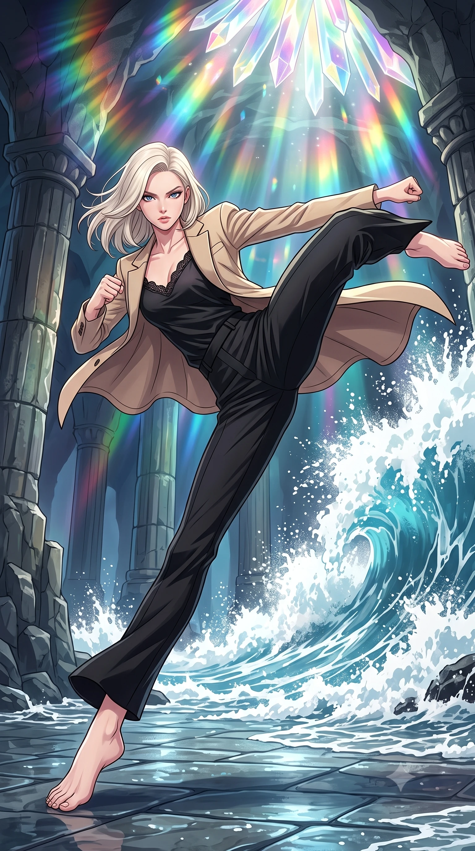 score_9, masterpiece, best quality, ultra-detailed, high-budget anime keyframe, clean line-art, cel-shading, Caucasian woman, strictly human ears. low angle full-body shot from head to toe showing her feet, filling the entire 9:16 vertical frame with her statuesque presence, stretching her vertical silhouette. executing a lightning-fast low sweep kick with fluid momentum and intense focus inside a sea cavern where a powerful tidal wave crashes against ancient basalt pillars, filling the air with explosive sea foam. She has a statuesque 8.5-heads proportion, an exceptionally tall, slender and willowy model-like build with impossibly long legs and a highly sculpted ultra-slim waist. sharp v-shaped jawline, high-bridge nose, intricate jewel-like eyes with depth, thick eyelashes, glossy lips with a natural sheen. wearing the lightweight fabric rippling and billowing dramatically with her movement, a tailored black fine lace-trimmed satin camisole layered under a structured beige blazer, paired with tailored pencil pants. cascading rainbow prismatic light refracting through crystal formations overhead. highly saturated vibrant anime colors, intense vivid color palette, volumetric dynamic lighting, 2k, ultra detail, master piece, 9:16 ratio