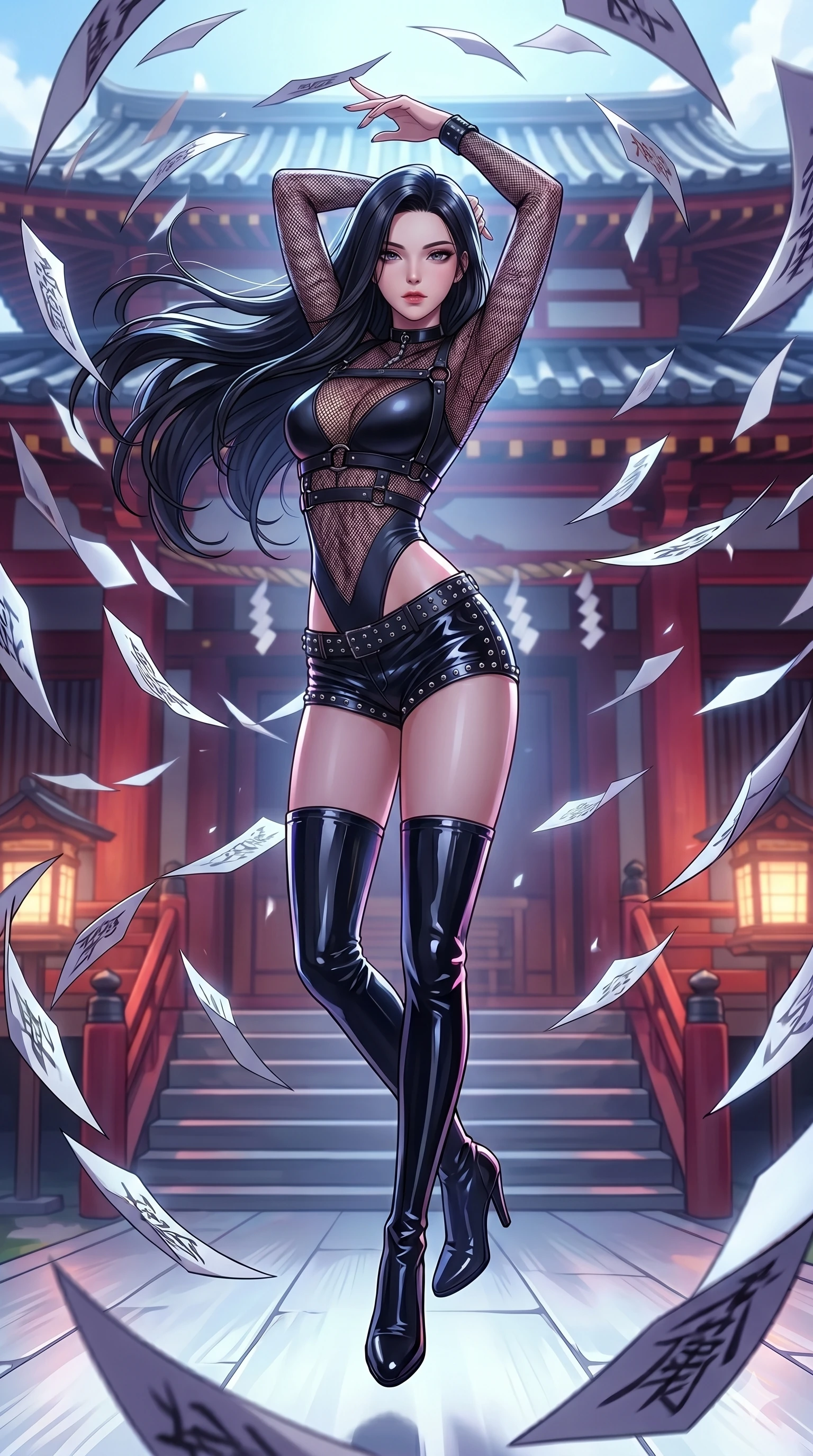 score_9, masterpiece, best quality, ultra-detailed, high-budget anime movie keyframe, cinematic anime lighting, intricate line art, Caucasian (strictly human ears) anime girl. Mid-air action shot capturing a graceful twist and vertical silhouette. commanding a blizzard of sharp paper charms in a temple. She has an absolutely perfect 8-heads proportion, an exceptionally tall and slender female figure with an ultra-slim waist and impossibly long slender legs. strictly human anatomy, two legs only, no extra limbs, clearly defined legs and arms, perfect anatomy, perfect hands and fingers. sharp v-shaped jawline, high-bridge nose, intricate jewel-like eyes, thick eyelashes, glossy lips. Wearing K-Idol Stage: Leather harness over mesh, high-cut bodysuit, studded micro-shorts, and thigh-high patent boots. The scene is illuminated by dramatic atmospheric lighting and vibrant color palettes. , 2k, ultra detail, master piece, 9:16 ratio