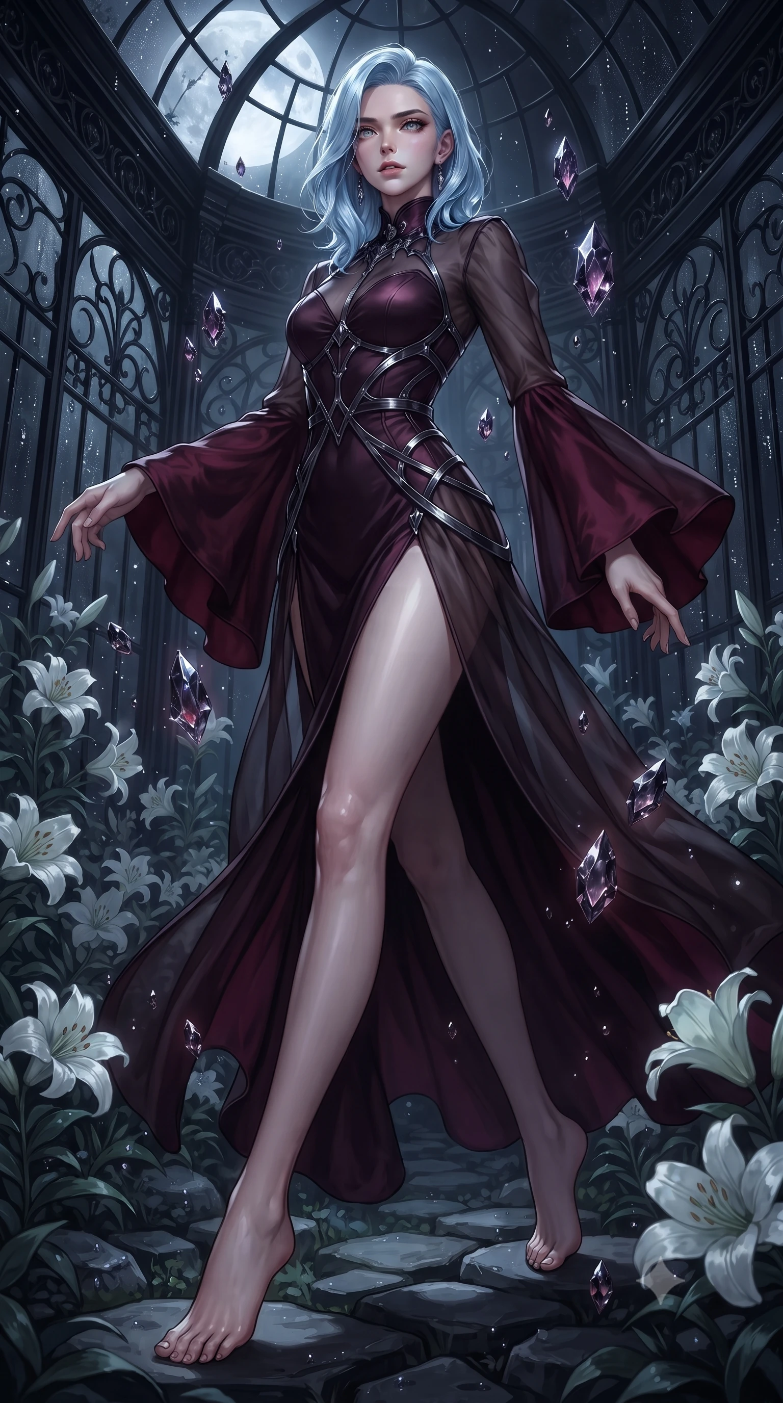 score_9, masterpiece, best quality, ultra-detailed, high-budget anime keyframe, editorial fashion photography, tasteful artistic composition, Korean woman. low angle full-body shot from head to toe showing her feet, filling the entire 9:16 vertical frame with her statuesque presence, stretching her vertical silhouette. interacting with floating dark crystal particles, her long slender legs poised in motion, navigating a dark solarium garden filled with night-blooming white lilies, cold night air dewdrops sparkling on dark architectural surfaces. She has an absolutely perfect, statuesque 8.5-heads proportion, an exceptionally tall and slender model-like female figure with impossibly long slender legs and an ultra-slim waist. sharp v-shaped jawline, high-bridge nose, intricate jewel-like eyes with depth, thick eyelashes, glossy lips with a natural sheen. wearing gothic high-collar dark plum silk evening gown with long bell sleeves in deep crimson burgundy, made of sheer dark organza overlay, highlighted by a gunmetal metallic harness structure, sculpting her athletic slender build with refined precision. surrounded by a eerie moonlit aura and pitch-black background focus. ultra-reflective glossy finish, specular highlights, metallic sheen, high-contrast stereoscopic depth, volumetric dynamic lighting, 2k, ultra detail, master piece, 9:16 ratio