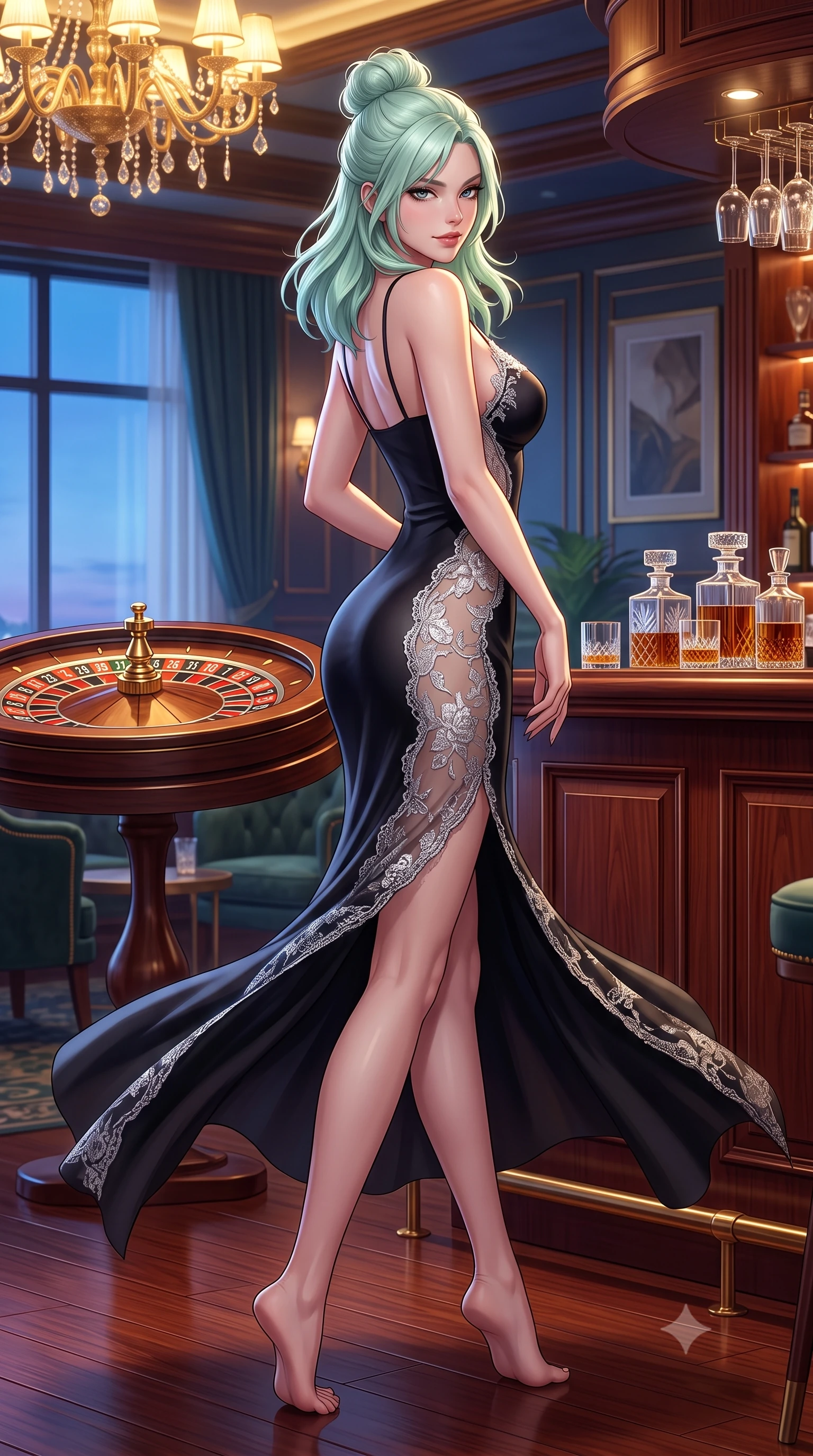 score_9, masterpiece, best quality, ultra-detailed, high-budget anime keyframe, semi-realistic 3D game render, editorial fashion photography, tasteful artistic composition, Japanese woman. low angle full-body shot from head to toe showing her feet, filling the entire 9:16 vertical frame with her statuesque presence, stretching her vertical silhouette. executing an elegant mid-motion pivot turn as garments swirl around her slender limbs, glancing over her shoulder with an intoxicating bedroom-gaze while twisting her slender torso in a deep contrapposto stance beside the private casino bar, glancing over her shoulder with an audacious, teasing smirk. The surrounding environment is rendered in vivid detail and crisp panoramic clarity. sharp roulette wheel brass numerals, polished mahogany wood grain, and crystal glass facets in deep focus. She has an absolutely perfect, statuesque 8.5-heads proportion, an exceptionally tall and slender model-like female figure with impossibly long slender legs, a toned flat midriff, an ultra-slim waist, and beautifully sculpted feminine hips. sharp v-shaped jawline, high-bridge nose, intricate jewel-like eyes with depth, thick eyelashes, glossy parted lips with a natural sheen, intensely captivating and seductive bedroom-eyes expression, flawlessly proportioned anatomical accuracy, strict slender model proportions, natural body alignment, perfectly sculpted long slender limbs, ultra-slim waistline, clean dynamic posture without body distortion. wearing a second-skin black silk jersey maxi dress with asymmetrical sheer mesh side panels tracing the full curve of her hip in shimmering silver mercury and pearl white, formed from shimmering floral lace over smooth opaque silk lining, finished with delicate crystal frost embroidery tracing the plunging neckline, the second-skin form-contouring cut accentuating her sculpted flat midriff, narrow waistline, and dramatically curvy hips without adding bulk. bathed in opulent golden casino chandelier light and cool Mediterranean twilight ambient fill. highly saturated vibrant anime colors, detailed shading with soft gradients, rich glossy textures, high-contrast stereoscopic depth, volumetric dynamic lighting, master piece, 9:16 ratio