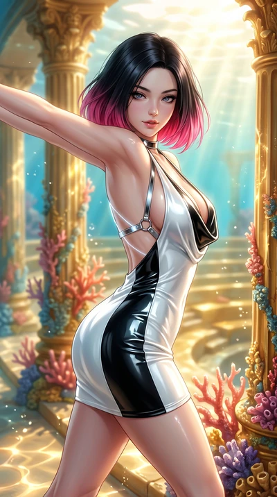 score_9, masterpiece, best quality, ultra-detailed, high-budget anime keyframe, semi-realistic 3D game render, editorial fashion photography, tasteful artistic composition, Korean woman. close-up cowboy shot from the waist and thighs up, the characte
