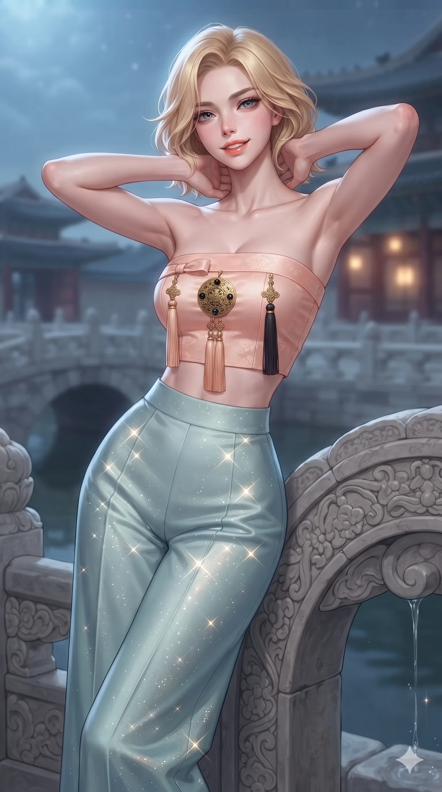 score_9, masterpiece, best quality, ultra-detailed, high-budget anime keyframe, editorial fashion photography, tasteful artistic composition, Caucasian woman. close-up cowboy shot from the waist and thighs up, the character dominates the composition, filling the frame with her large presence. resting both hands lightly behind her neck with elbows raised, arching her spine to highlight her narrow waist, flat midriff, and breathtaking collarbones while leaning against the carved stone water arch with hips cocked back, looking through thick curled eyelashes with an enchanting, dangerous smile. The background shows a soft-focus historic royal palace moat softened in atmospheric architectural shallow focus. She has an exceptionally elegant, slender, and willowy female figure with an ultra-slim waist, flat toned midriff, narrow ribcage, and sculpted feminine hips creating an alluring, slim hourglass silhouette without bulk. sharp v-shaped jawline, high-bridge nose, sparkling eyes with hypnotic seductive depth, thick curled eyelashes, glossy parted lips with a natural dewy peach sheen, alluring bedroom-eyes with an enchanting coquettish smile, exuding magnetic siren charisma and sophisticated glamour, flawlessly proportioned anatomical accuracy, strict slender model proportions, natural body alignment, perfectly sculpted long slender limbs, ultra-slim waistline, clean dynamic posture without body distortion. wearing a modern strapless boned hanbok bustier with traditional norigae tassel accents paired with high-waisted wide-leg silk trousers in pastel peach blossom and celadon porcelain blue, woven from metallic lurex thread casting radiant starlight glints across her silhouette, accented with an authentic engraved gold medallion and obsidian cabochons, the glove-like clinging cut tightly following the natural contour of her hips and long slender legs with youthful 8.5-heads elegance. bathed in celestial full-moon light contrasting with warm architectural gate lanterns. ultra-reflective glossy finish, specular highlights, rich textural contrasts, high-contrast stereoscopic depth, volumetric dynamic lighting, 2k, ultra detail, master piece, 9:16 ratio